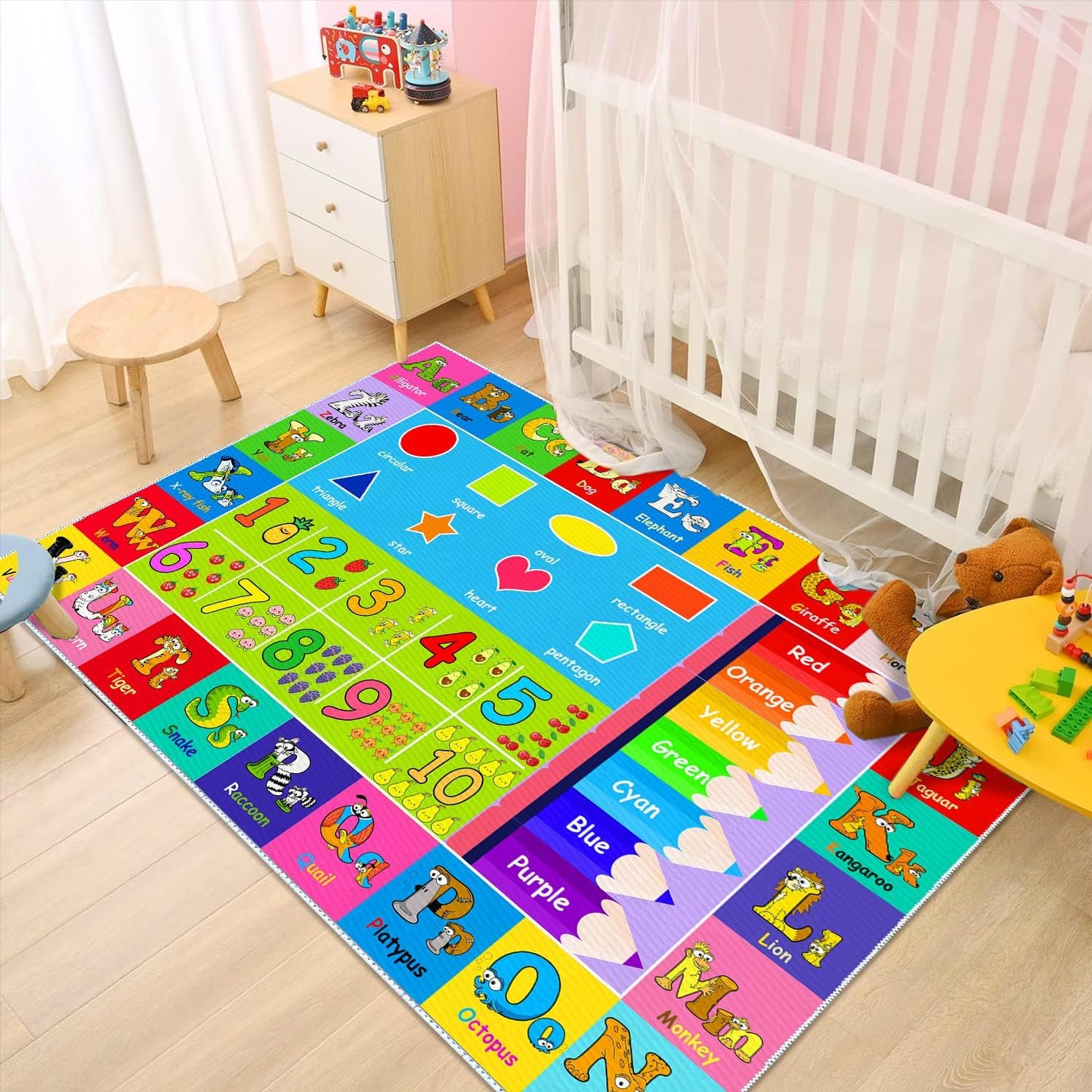 Kids Alphabet Play Game Rug - 7'x10' ABC Numbers and Shapes Educational Learning Toddler Carpet - Kids Room Playroom Classroom Kindergarten Activity Fun Soft Non-Slip Mat