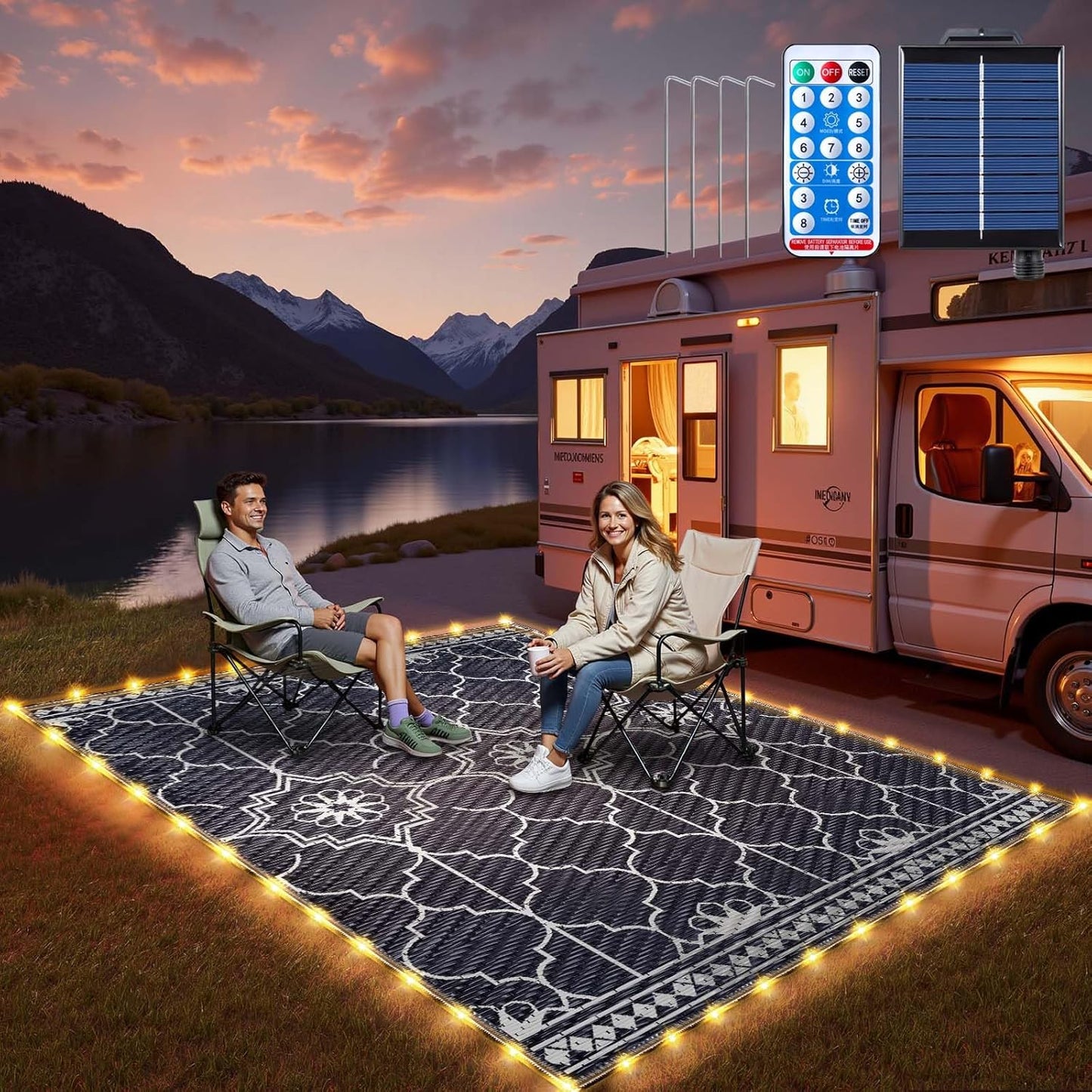 8x10Ft Outdoor Rug, Solar Powered Outdoor Rug with 113LEDs Strip Lights, Waterproof Plastic Reversible Outdoor Straw Rugs, Rugs Mat for House Deck RV Camping Patio Beach Balcony Picnic (Blue White)