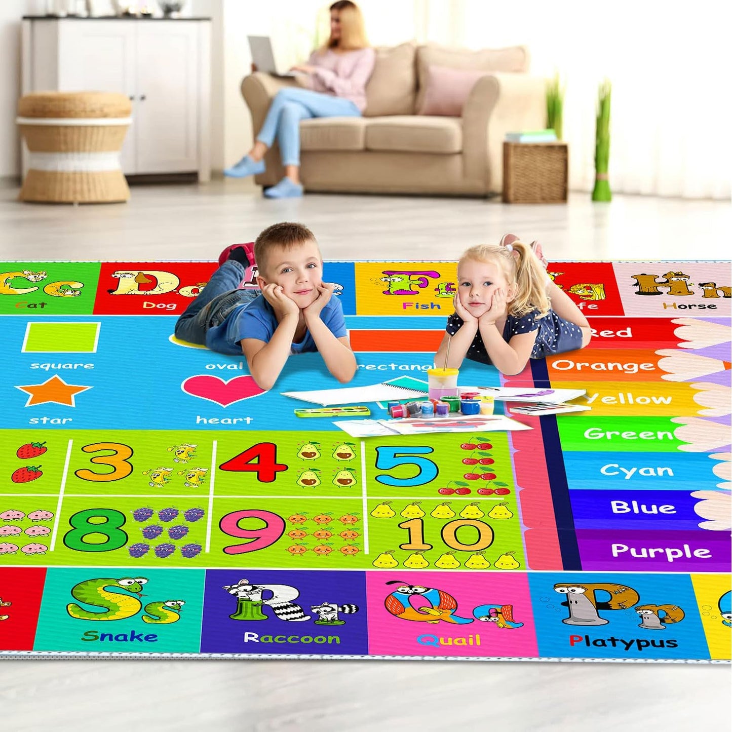 Kids Alphabet Play Game Rug - 7'x10' ABC Numbers and Shapes Educational Learning Toddler Carpet - Kids Room Playroom Classroom Kindergarten Activity Fun Soft Non-Slip Mat