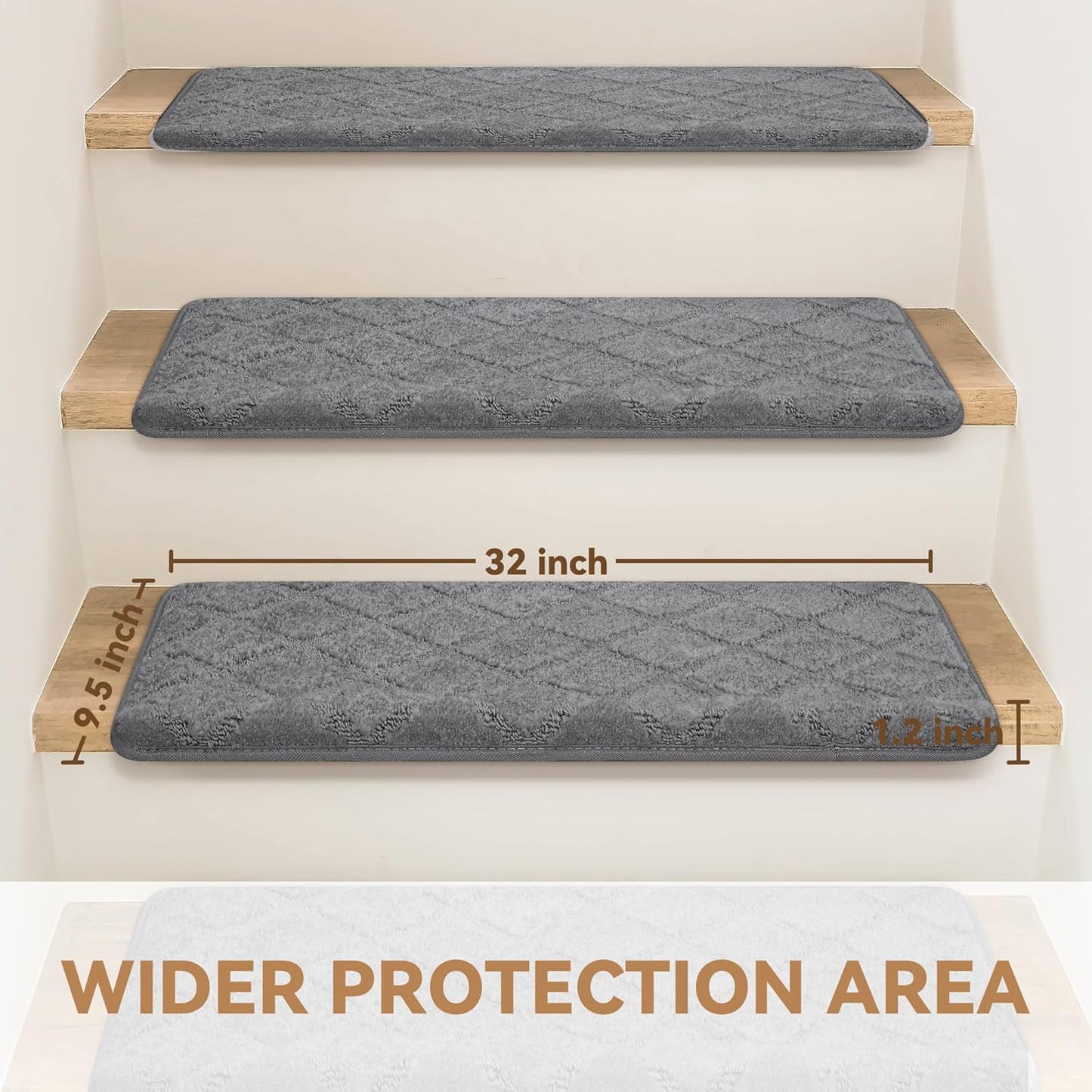 Bullnose Stair Treads Non Slip 9.5" x 32", 14 Pcs Carpet Stair Treads for Wooden Steps Indoor with Edge Protection, Reusable Peel and Stick TPU Backing Stair Runner Rugs - Diamond Pattern Grey.