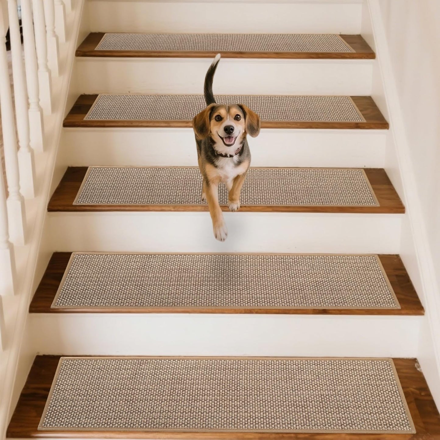 Linen Stair Treads for Wooden Steps Indoor 30x8 inch, 15pcs Upgraded Self Adhesive Backing Non Slip Stair Carpets, Peel and Stick Stair Runner Rugs, Reusable Staircase Step Treads(Beige)