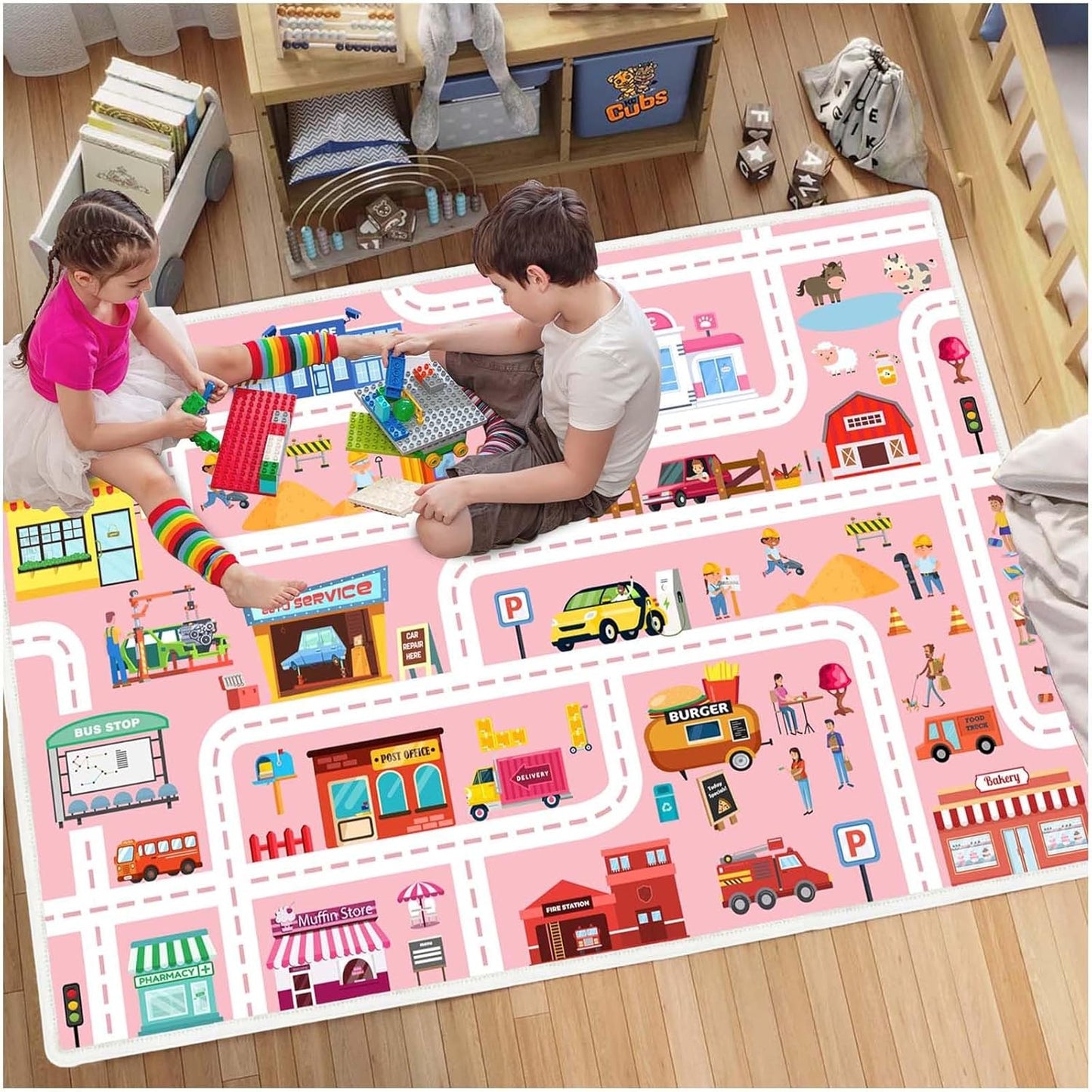 Car Play Mat - Non Slip Kids Rug for Toy Cars, Low Pile for Classroom