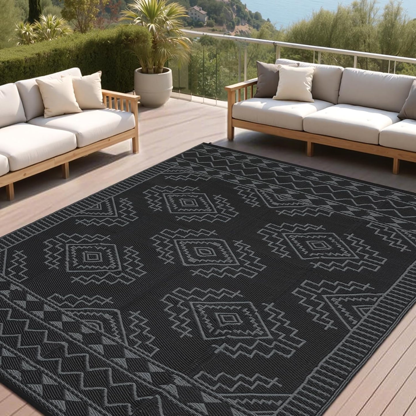 GarveeHome Large Outdoor Rug 9 x 18 Waterproof Modern Checkboard Plastic Straw Rug, Foldable Reversible Camping Mat, UV-Resistant Geometric Plaid Woven Carpet for Picnic, Deck, Black Gray