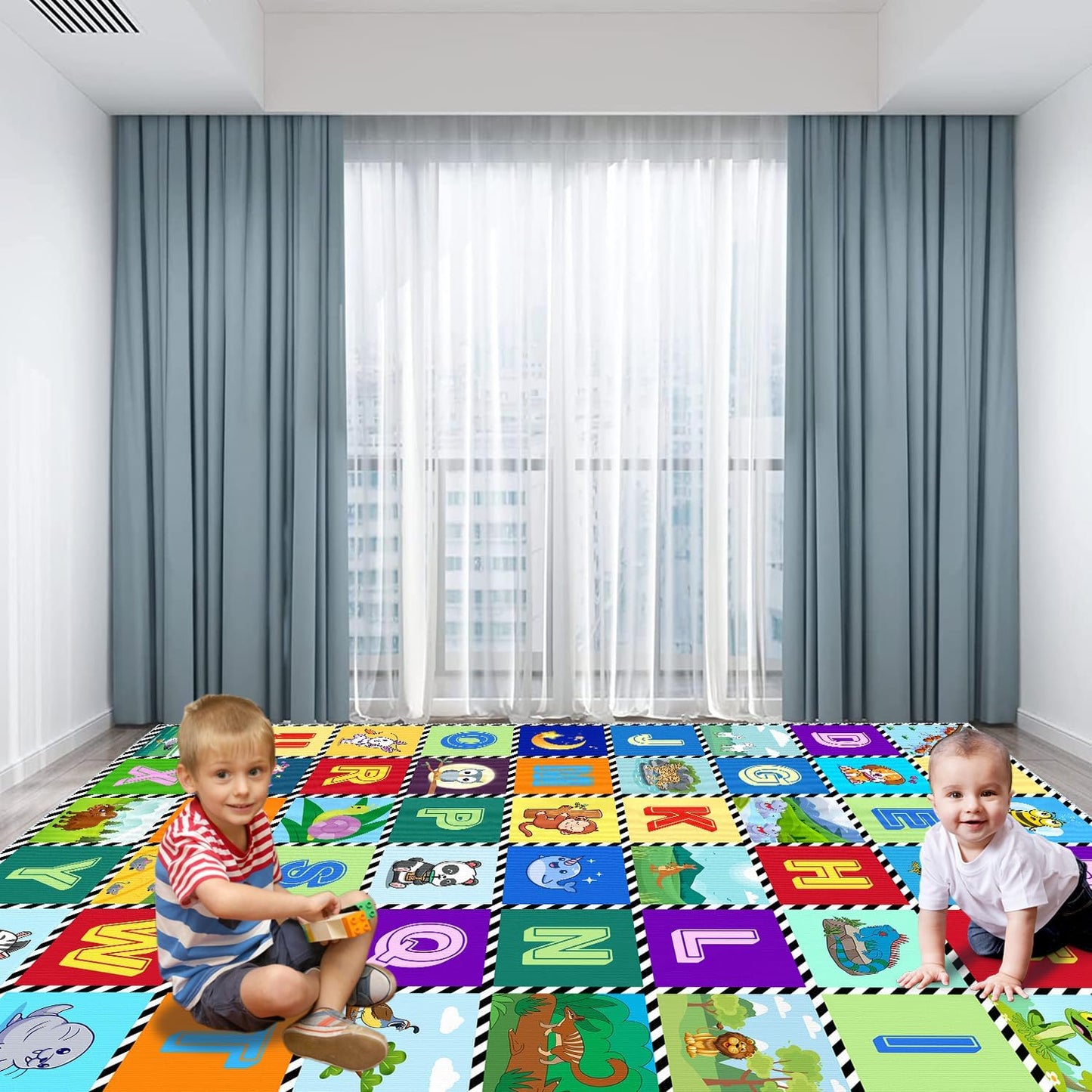 Kids Number Alphabet Game Rug - ABC Educational Area Rug - Fruit Animal Pattern for Kids Room Playroom Bedroom Kindergarten Nursery Soft Non-slip Machine Washable (Alphabet, 12' x 9' (Rectangular))