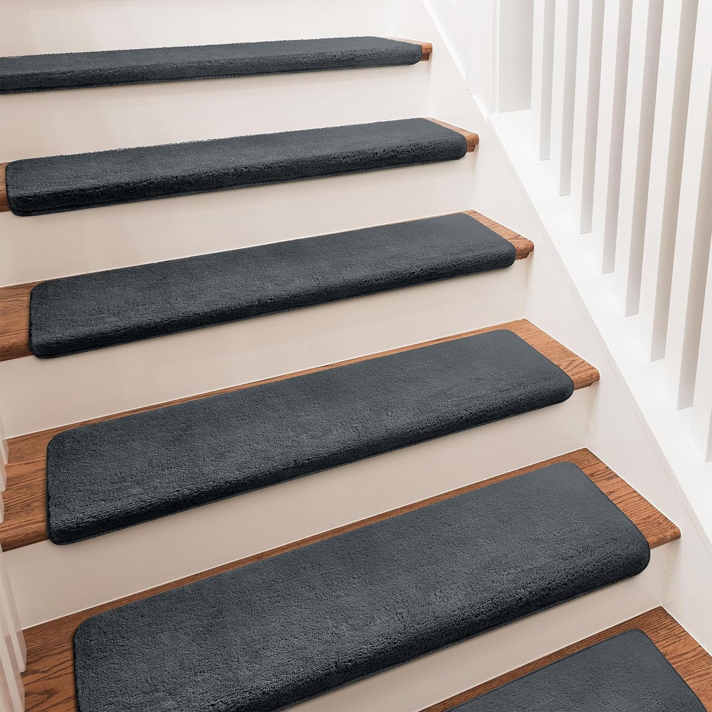 PURE ERA Carpet Stair Treads Ultra Plush 9.5" X 30"Soft Bullnose Indoor Stair Protectors Pet-Friendly Non-Slip Skid Resistant Tape Free Washable Reusable(14 Pieces, Cream Gray)