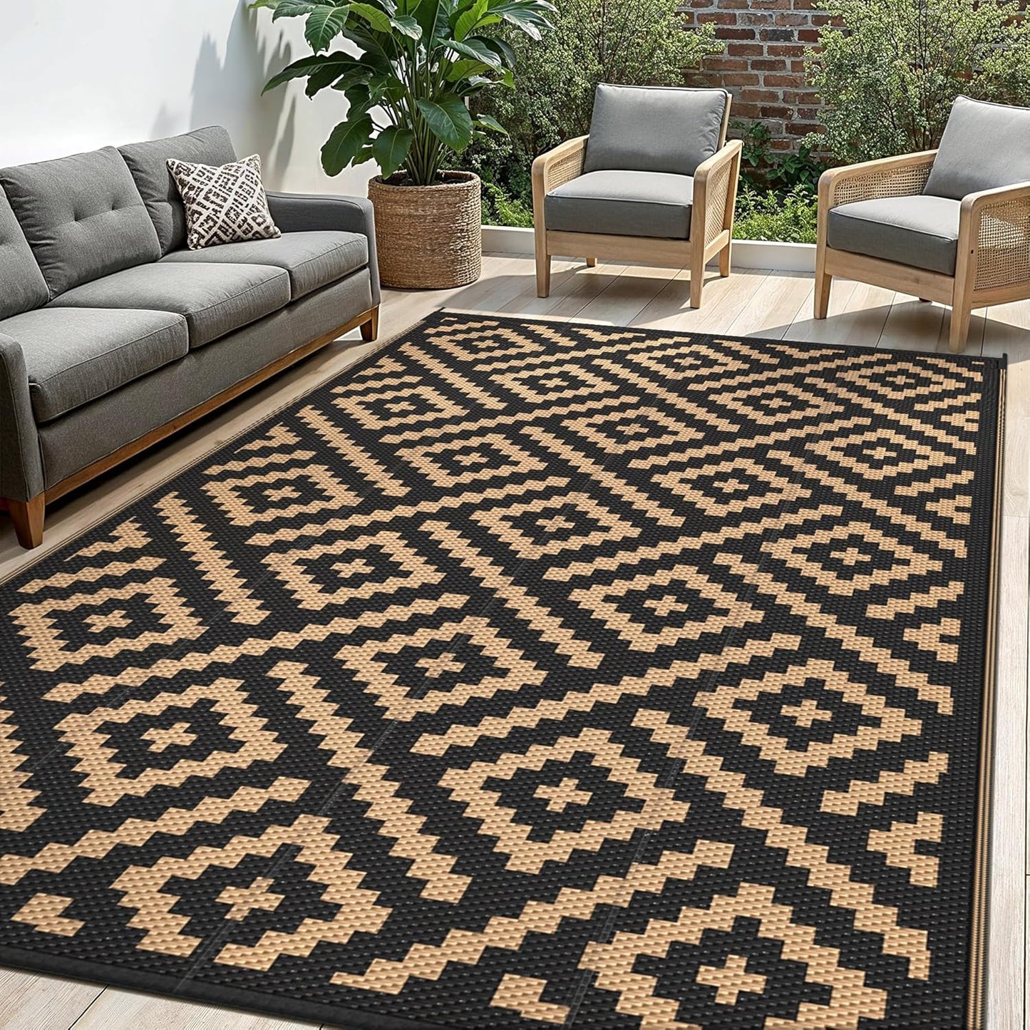 Outdoor Rug for Patio - Waterproof Plastic Straw Camping Rugs 10x14 ft, Reversible Outdoor Indoor RV Mat Carpet for Patio, Porch, Deck, Balcony, Picnic, Beach, Black Brown