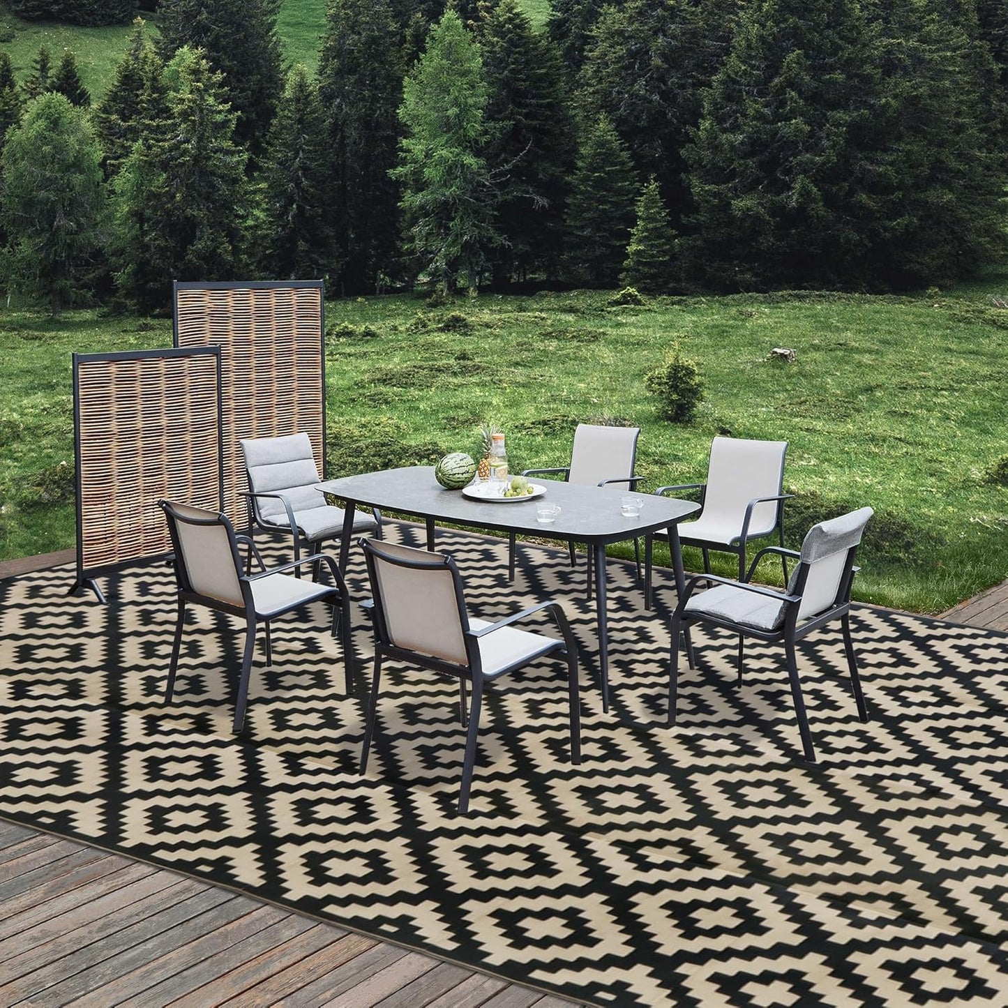 SAND MINE Waterproof Outdoor Rug 10x20 ft, Plastic Reversible Rug, Modern Area Rug, Large Floor Mat for Outdoors, RV, Patio, Backyard, Deck, Picnic, Beach, Camping, Black & Beige