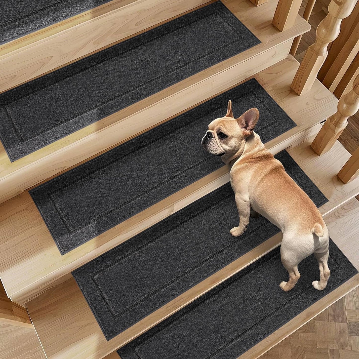 Non-Slip Stair Treads for Wooden Steps Indoor, 15 Pack 8" X 30" Edging Stair Rugs with TPE Backing, 0.4" Thick Carpet Stair Treads for Kids Elders & Pets, 100% Polyester Soft Stair Runners, Brown