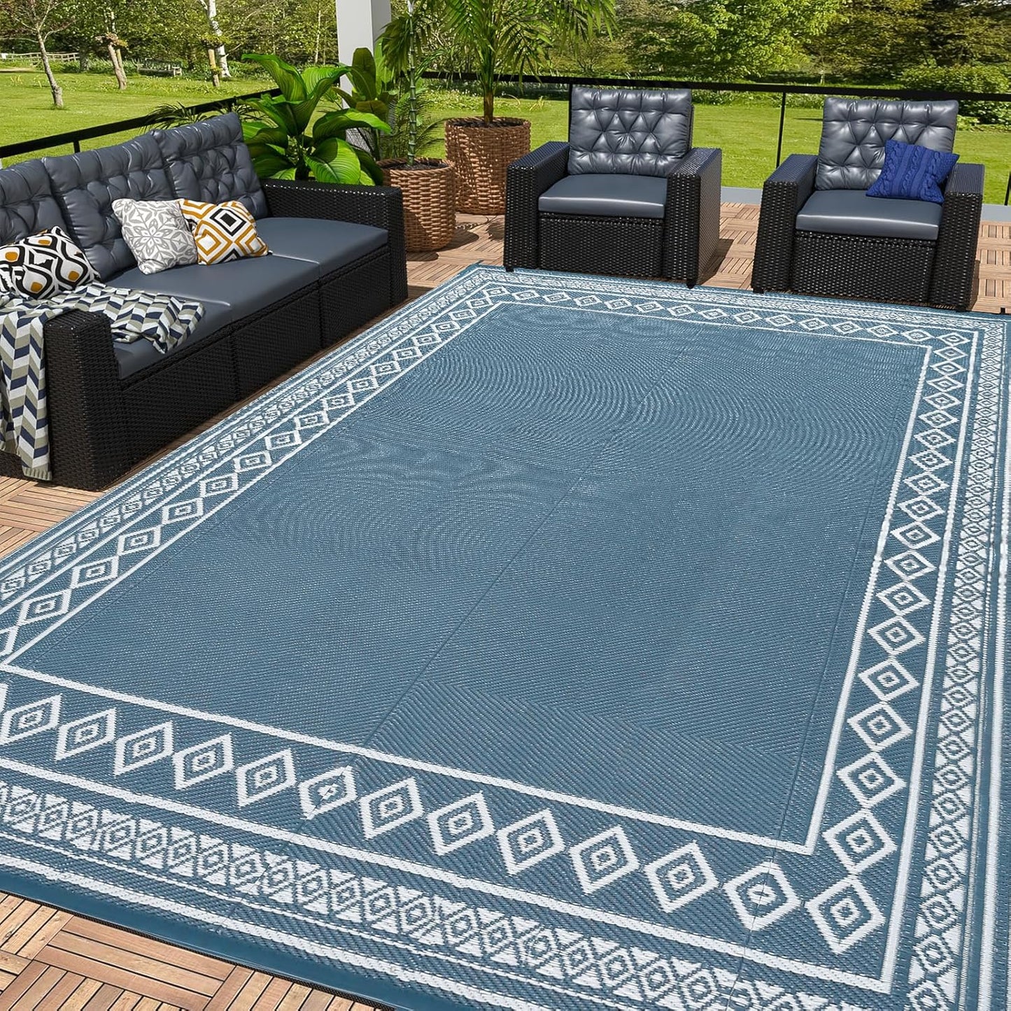 OPPODREAM Outdoor Rug 9x12 Patio Waterproof, Large Outdoor Plastic Straw Rug, Reversible Out Door Carpet for Camping, Deck, Rv, 9 x 12 Area Carpet for Balcony, Porch, Backyard, White & Brown