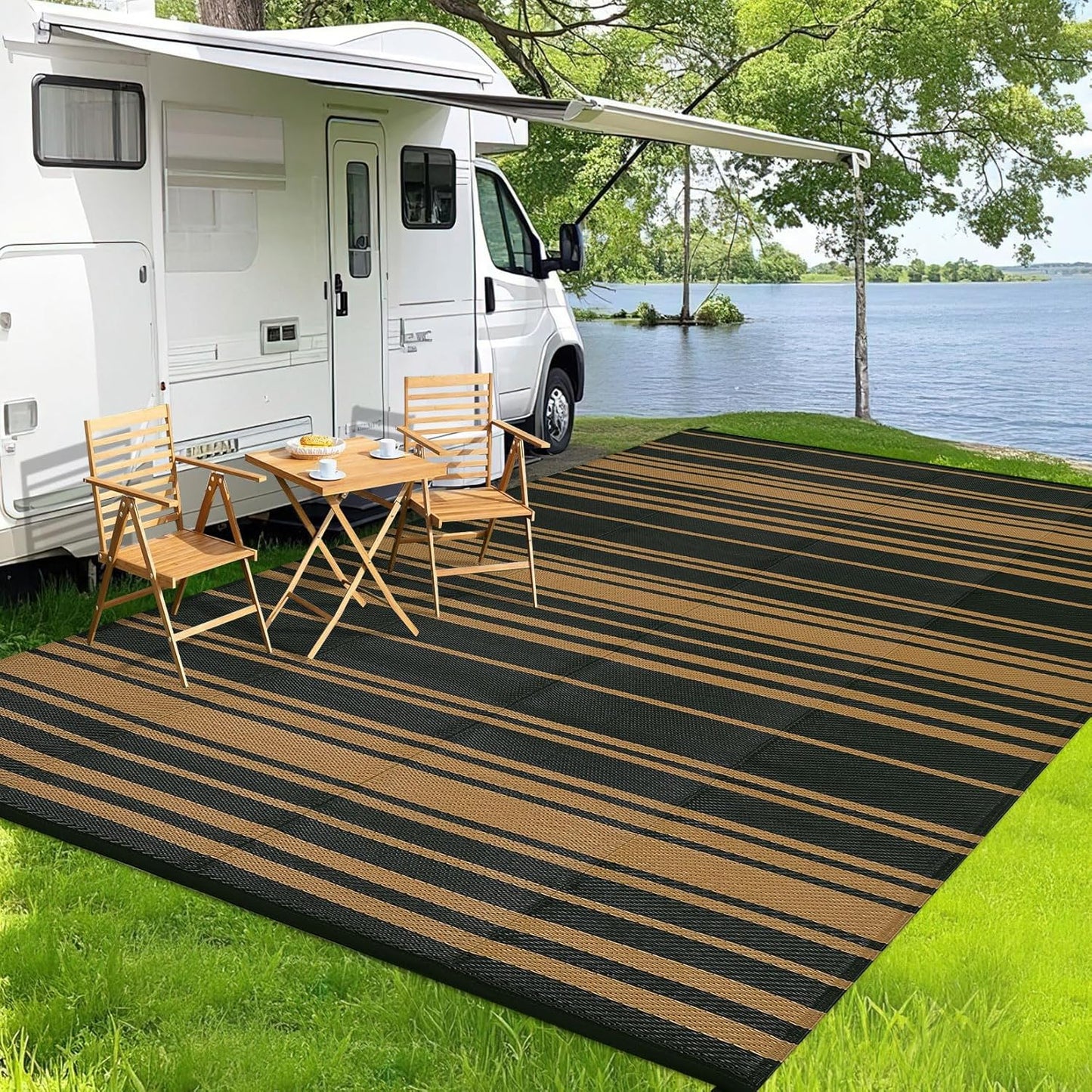 Garvee Outdoor Rug 10'x20' for Patios Clearance, Reversible Outdoor Plastic Straw Waterproof Camping Carpet, Large Area Rugs Patio Mats for Outside RV, Camper, Deck, Porch, Beach, Picnic (Black/Grey)