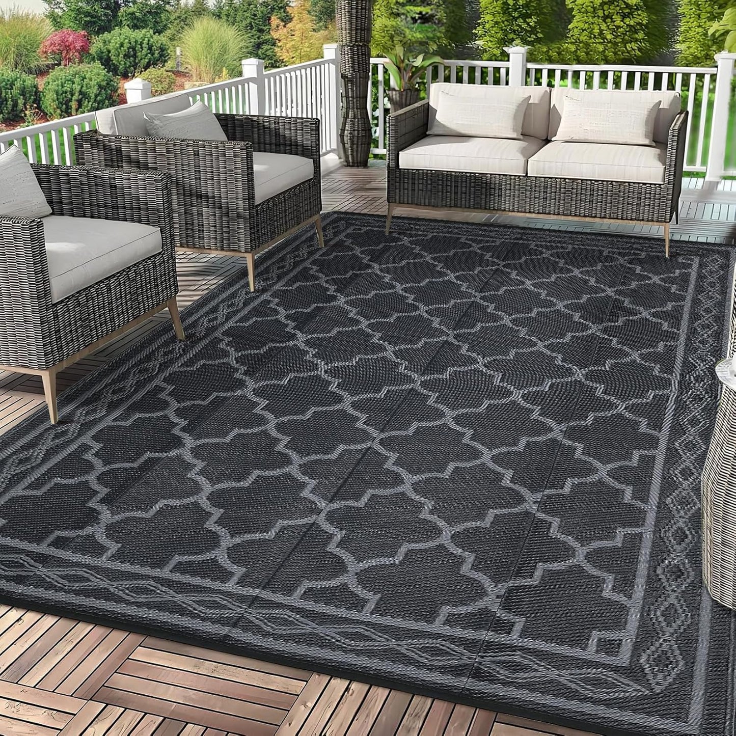 Garvee Outdoor Rug 10'x20' for Patios Clearance, Reversible Outdoor Plastic Straw Waterproof Camping Carpet, Large Area Rugs Patio Mats for Outside RV, Camper, Deck, Porch, Beach, Picnic (Black/Grey)