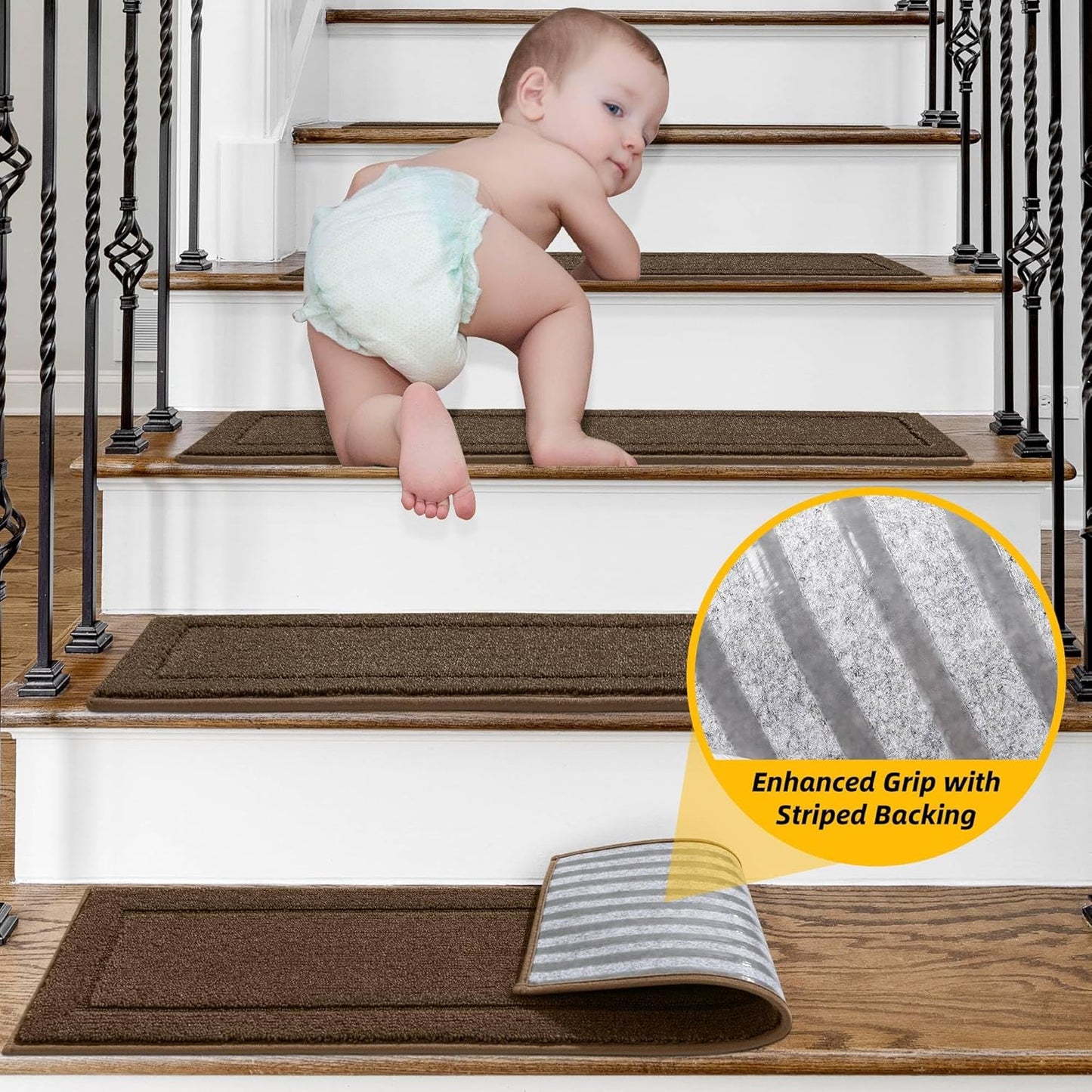 Non-Slip Stair Treads for Wooden Steps Indoor, 15 Pack 8" X 30" Edging Stair Rugs with TPE Backing, 0.4" Thick Carpet Stair Treads for Kids Elders & Pets, 100% Polyester Soft Stair Runners, Brown