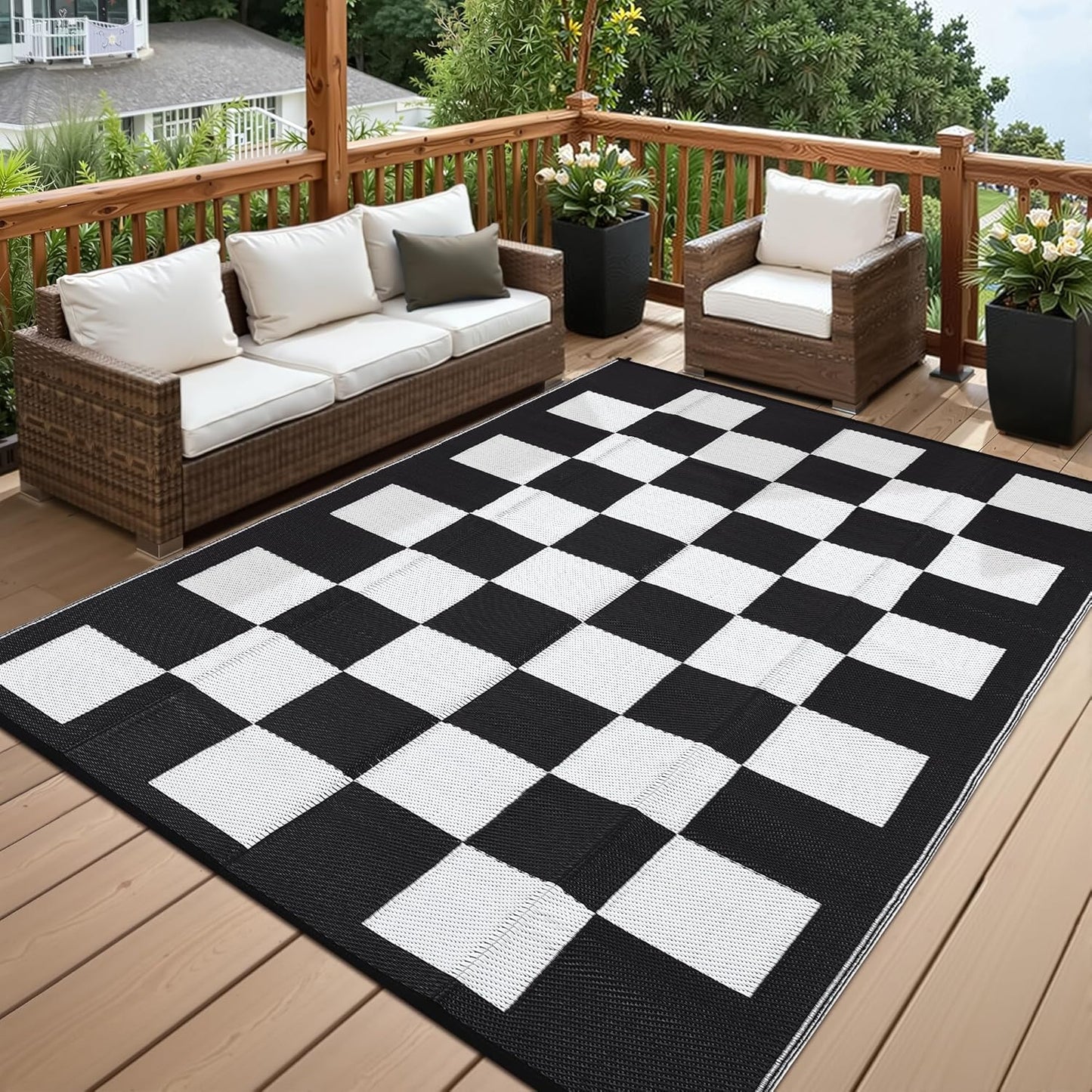 GarveeHome Large Outdoor Rug 9 x 18 Waterproof Modern Checkboard Plastic Straw Rug, Foldable Reversible Camping Mat, UV-Resistant Geometric Plaid Woven Carpet for Picnic, Deck, Black Gray