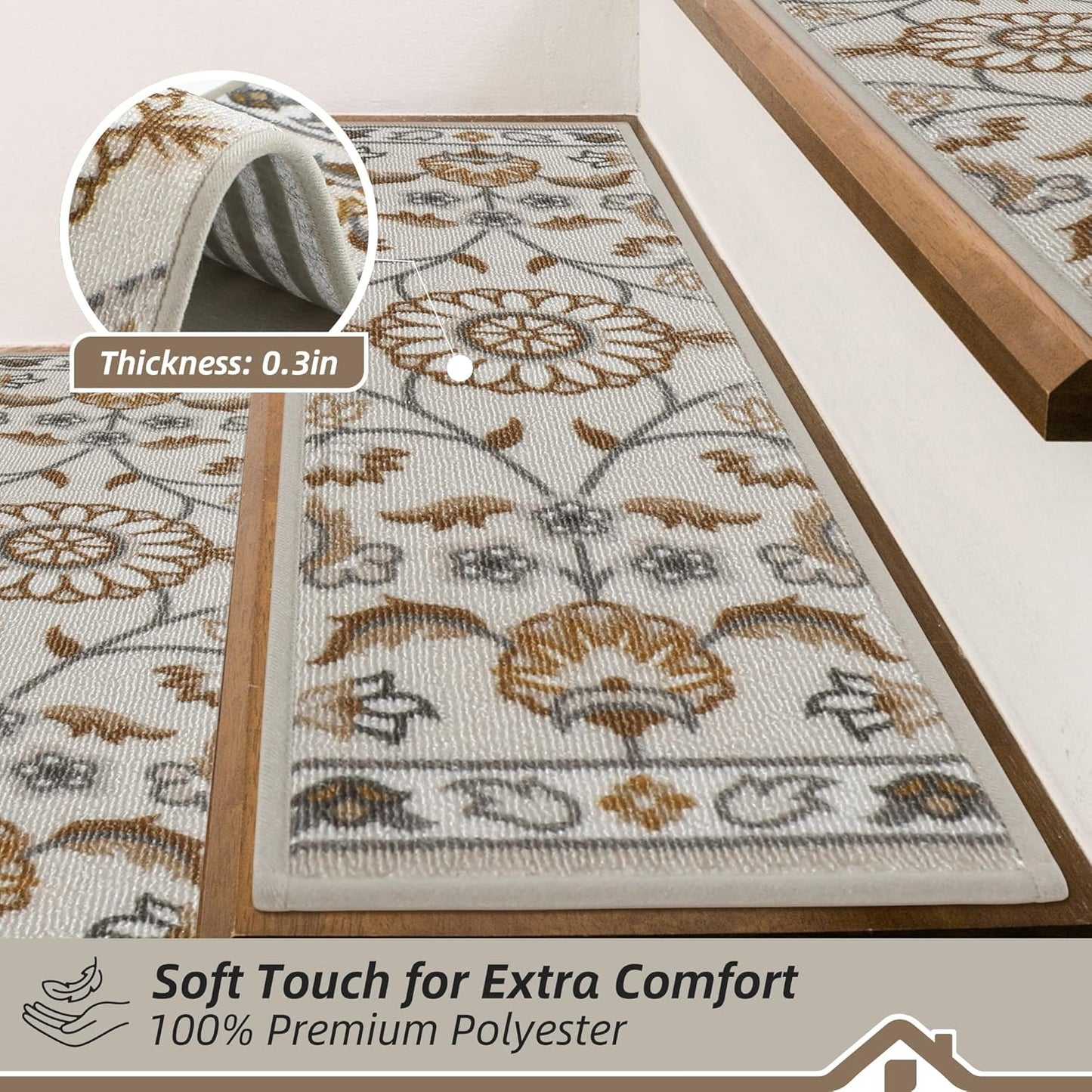 BEQHAUSE Stair Treads for Wooden Steps Non-Slip Machine Washable Carpet Stair Treads 8"X30" Soft Indoor Stair Rug Runner for Kids Elders and Pets, 100% Polyester, TPE Backing, 15pcs, Brown/Grey
