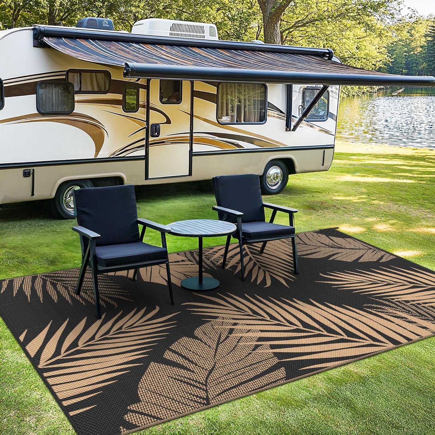 Outdoor Rug 10’x14’ Waterproof for Patio Clearance, Reversible Indoor Outdoor Plastic Straw Camping Rug Carpet, RV Mat, Large Area Rug for Deck, Backyard, Balcony, Porch, Beach, Black & Brown