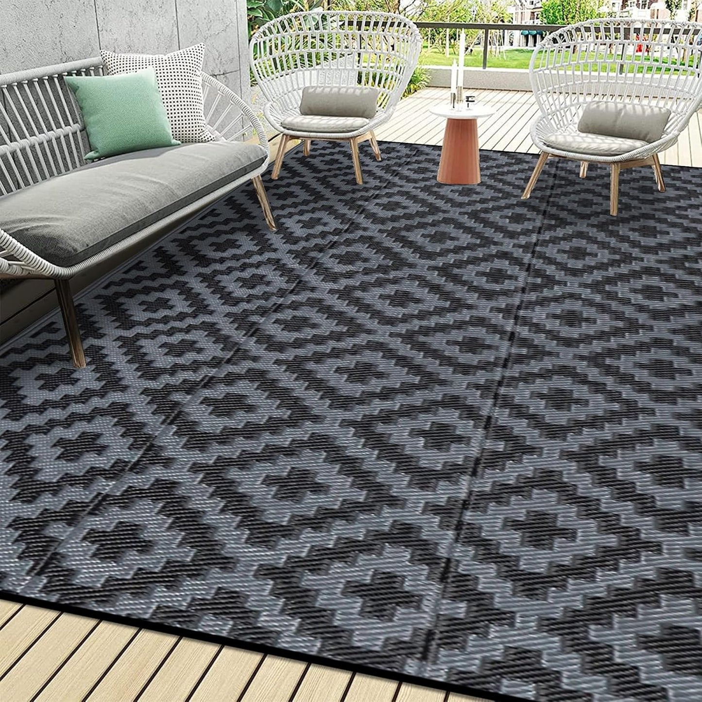 SAND MINE Waterproof Outdoor Rug 10x20 ft, Plastic Reversible Rug, Modern Area Rug, Large Floor Mat for Outdoors, RV, Patio, Backyard, Deck, Picnic, Beach, Camping, Black & Beige