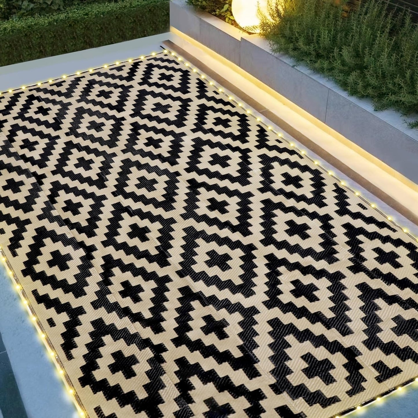 SAND MINE Waterproof Outdoor Rug 10x20 ft, Plastic Reversible Rug, Modern Area Rug, Large Floor Mat for Outdoors, RV, Patio, Backyard, Deck, Picnic, Beach, Camping, Black & Beige