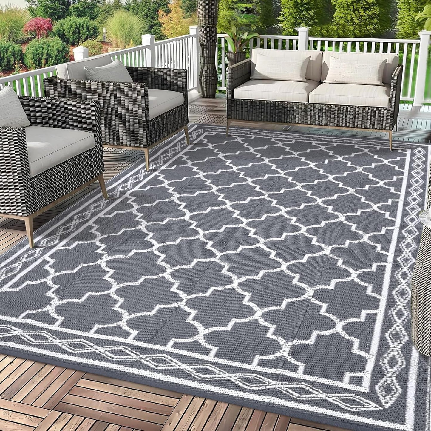 Garvee Outdoor Rug 10'x20' for Patios Clearance, Reversible Outdoor Plastic Straw Waterproof Camping Carpet, Large Area Rugs Patio Mats for Outside RV, Camper, Deck, Porch, Beach, Picnic (Black/Grey)
