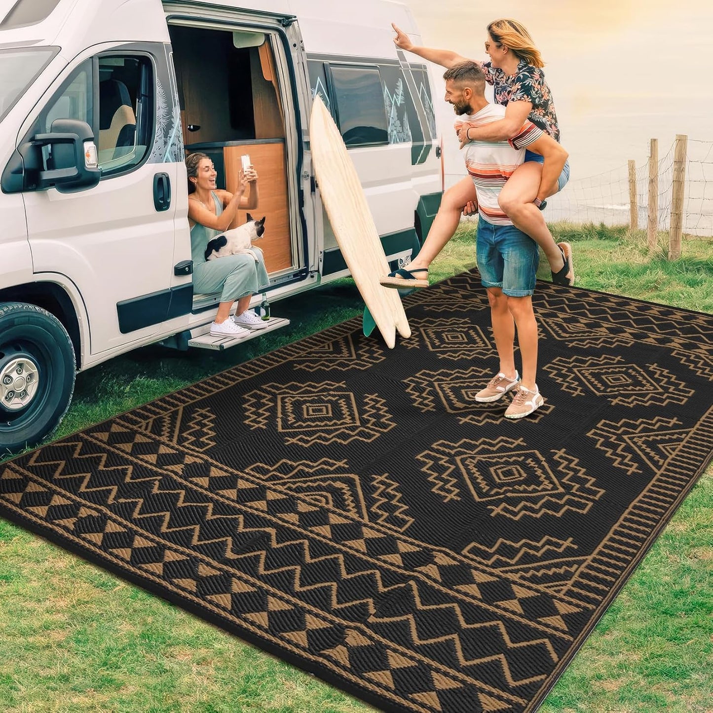 GarveeHome Large Outdoor Rug 9 x 18 Waterproof Modern Checkboard Plastic Straw Rug, Foldable Reversible Camping Mat, UV-Resistant Geometric Plaid Woven Carpet for Picnic, Deck, Black Gray