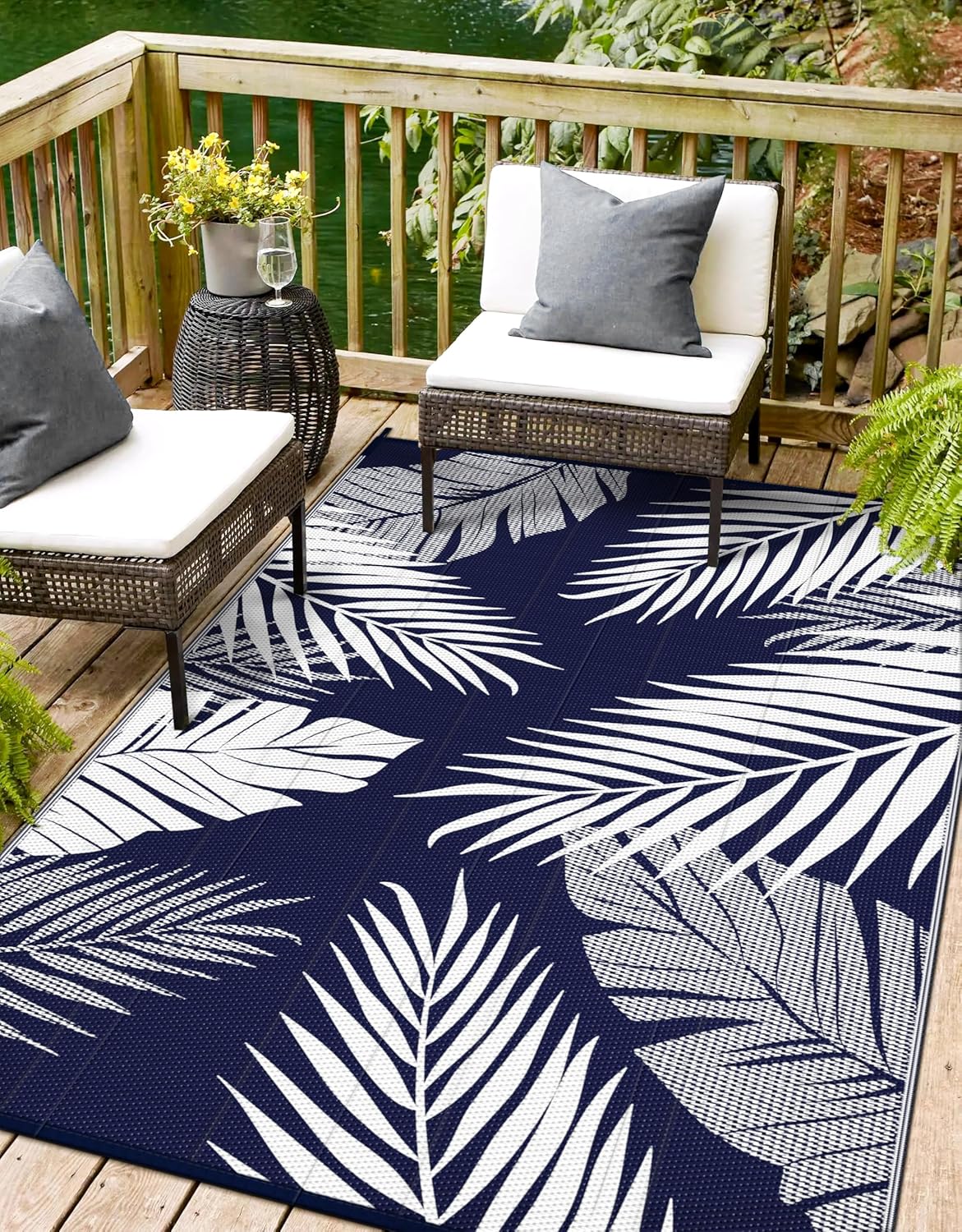 Outdoor Rug 10’x14’ Waterproof for Patio Clearance, Reversible Indoor Outdoor Plastic Straw Camping Rug Carpet, RV Mat, Large Area Rug for Deck, Backyard, Balcony, Porch, Beach, Black & Brown