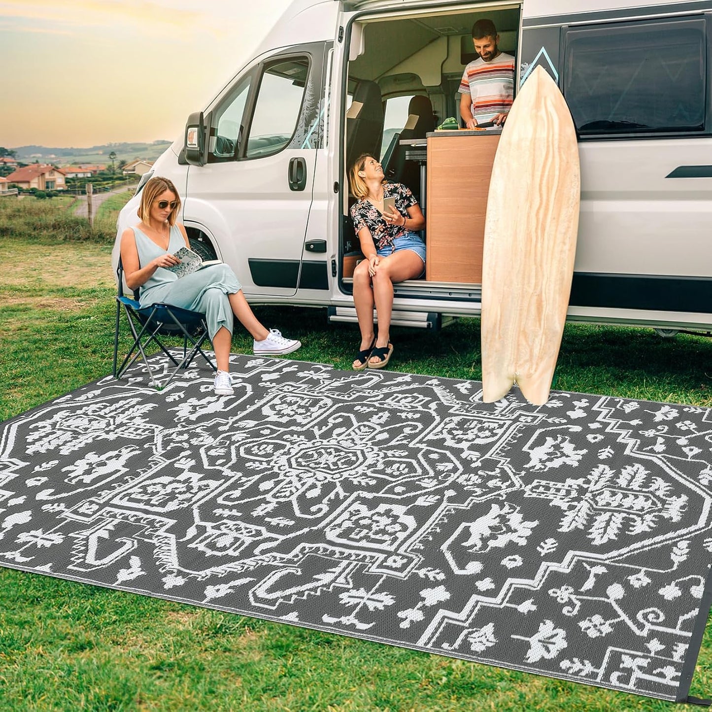 Garvee Outdoor Rug 10'x20' for Patios Clearance, Reversible Outdoor Plastic Straw Waterproof Camping Carpet, Large Area Rugs Patio Mats for Outside RV, Camper, Deck, Porch, Beach, Picnic (Black/Grey)