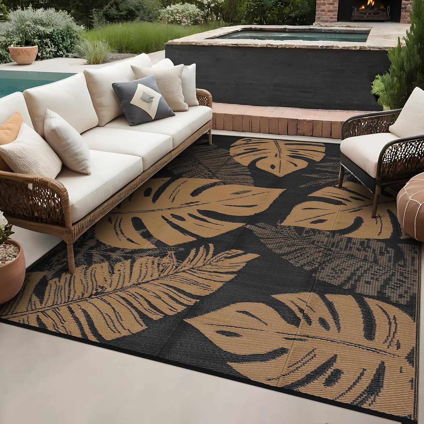 GAOMON Extra Large Outdoor Rug 10x20 Waterproof Plastic Straw Rug Reversible Leaves Patio Carpet, Foldable Portable Picnic Camping Mat with Bag & Stakes, Outside Carpet for Balcony Garden Yard, Blue