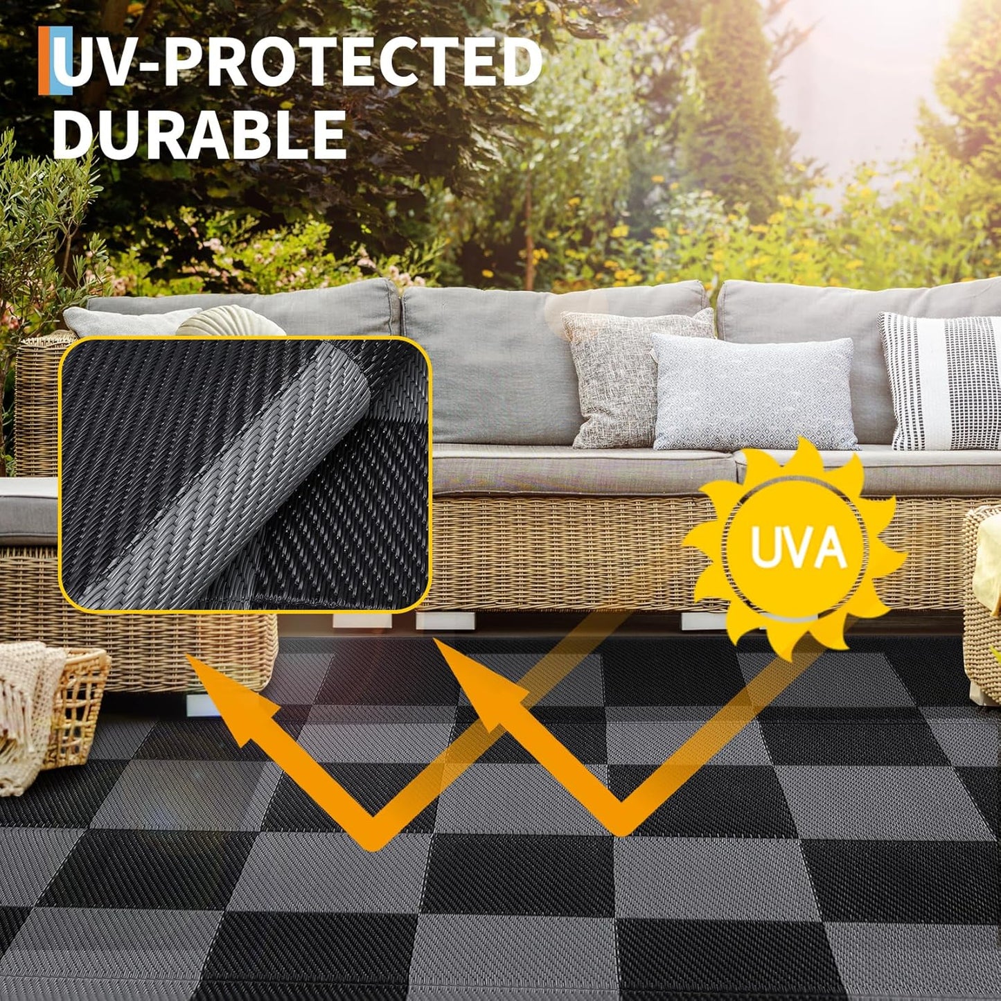 GarveeHome Large Outdoor Rug 9 x 18 Waterproof Modern Checkboard Plastic Straw Rug, Foldable Reversible Camping Mat, UV-Resistant Geometric Plaid Woven Carpet for Picnic, Deck, Black Gray