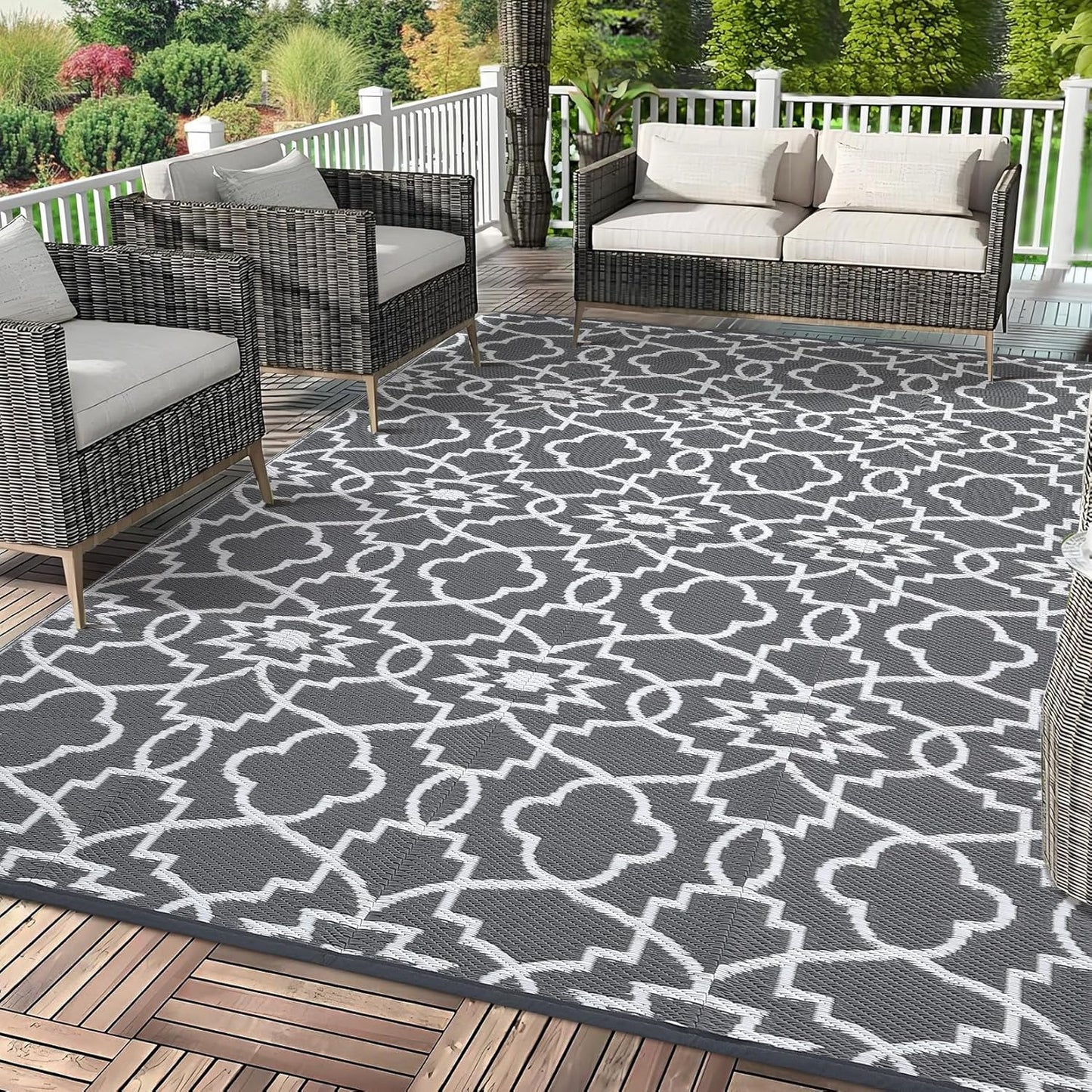 Garvee Outdoor Rug 10'x20' for Patios Clearance, Reversible Outdoor Plastic Straw Waterproof Camping Carpet, Large Area Rugs Patio Mats for Outside RV, Camper, Deck, Porch, Beach, Picnic (Black/Grey)