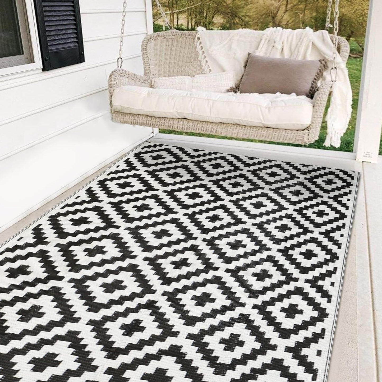 SAND MINE Waterproof Outdoor Rug 10x20 ft, Plastic Reversible Rug, Modern Area Rug, Large Floor Mat for Outdoors, RV, Patio, Backyard, Deck, Picnic, Beach, Camping, Black & Beige