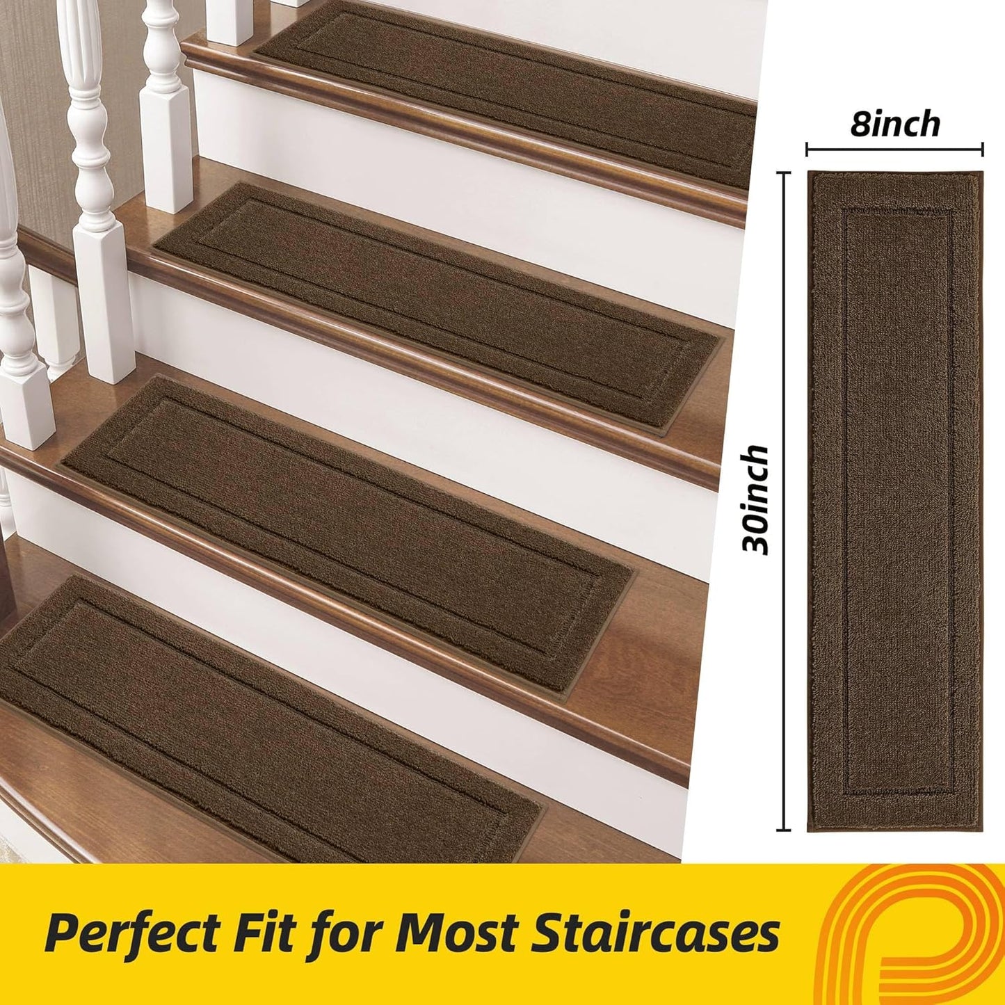 Non-Slip Stair Treads for Wooden Steps Indoor, 15 Pack 8" X 30" Edging Stair Rugs with TPE Backing, 0.4" Thick Carpet Stair Treads for Kids Elders & Pets, 100% Polyester Soft Stair Runners, Brown