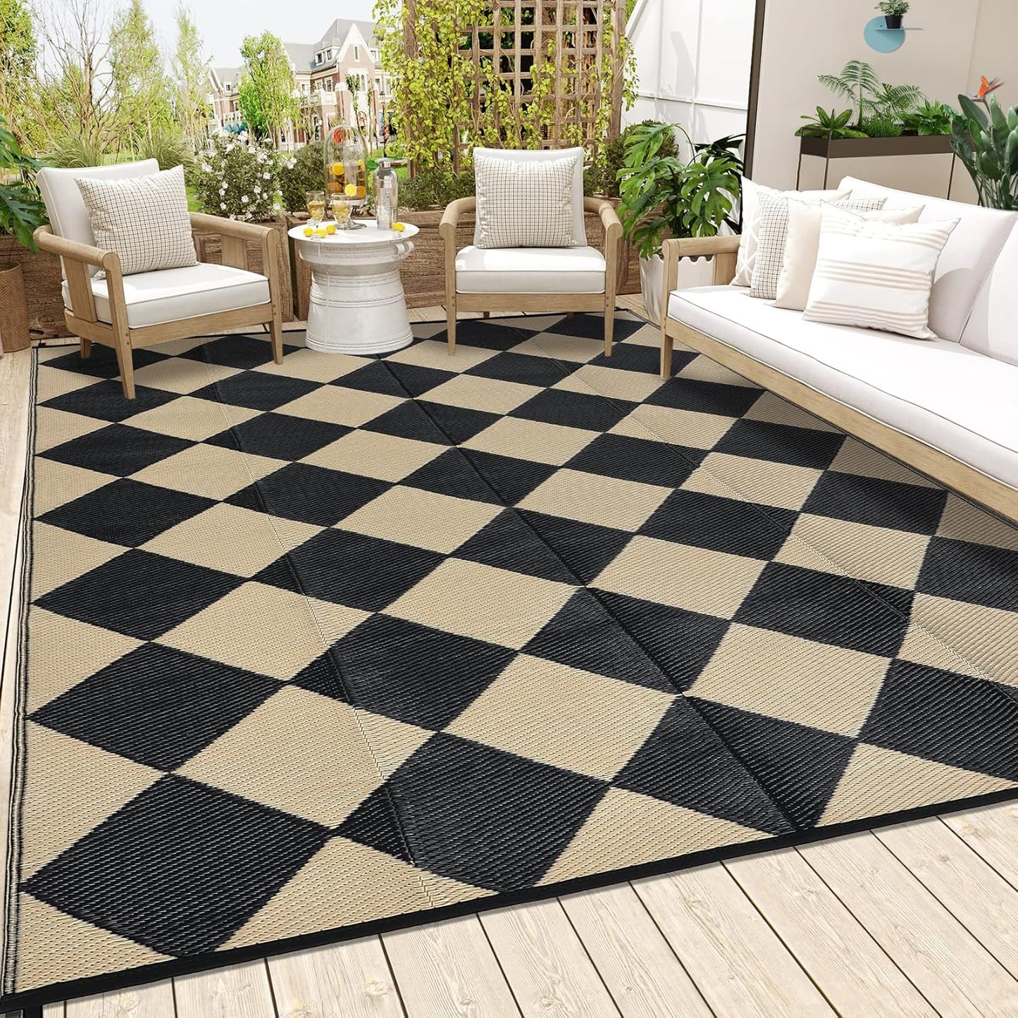 Garvee Outdoor Rug 10'x20' for Patios Clearance, Reversible Outdoor Plastic Straw Waterproof Camping Carpet, Large Area Rugs Patio Mats for Outside RV, Camper, Deck, Porch, Beach, Picnic (Black/Grey)