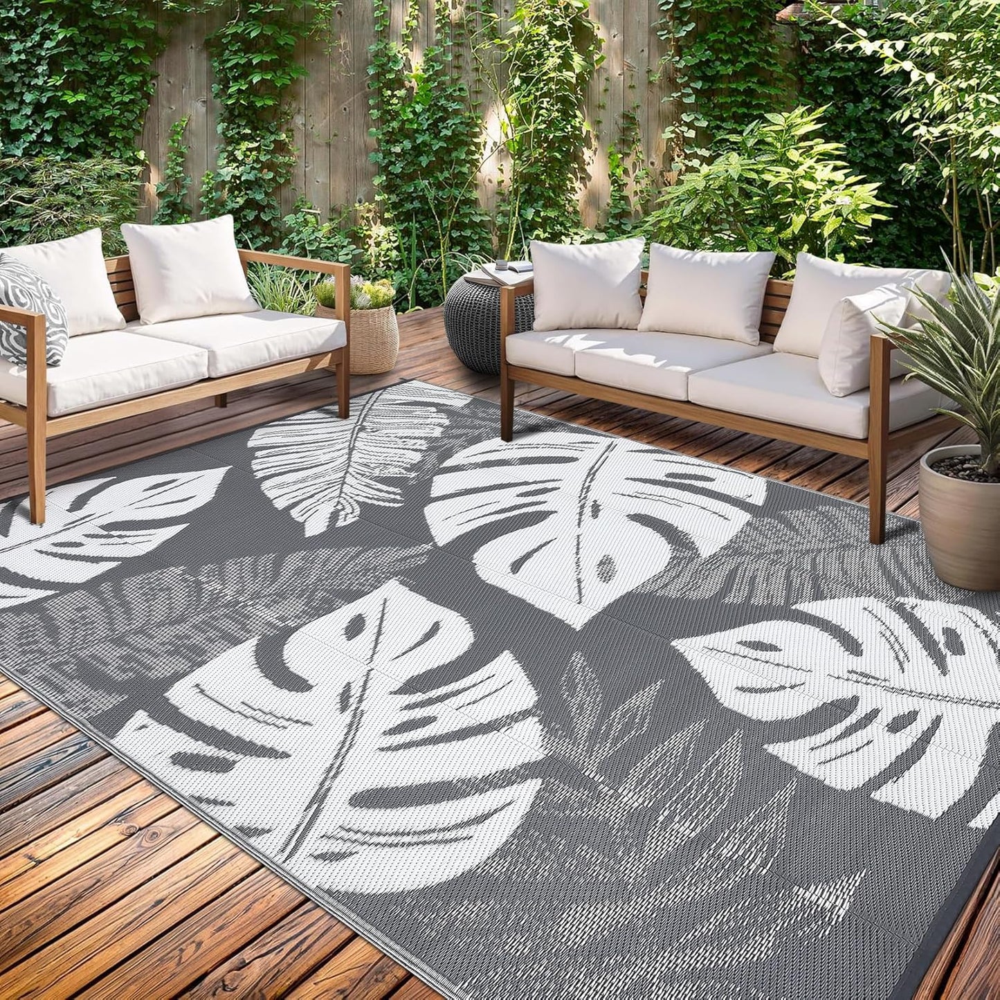 GAOMON Extra Large Outdoor Rug 10x20 Waterproof Plastic Straw Rug Reversible Leaves Patio Carpet, Foldable Portable Picnic Camping Mat with Bag & Stakes, Outside Carpet for Balcony Garden Yard, Blue