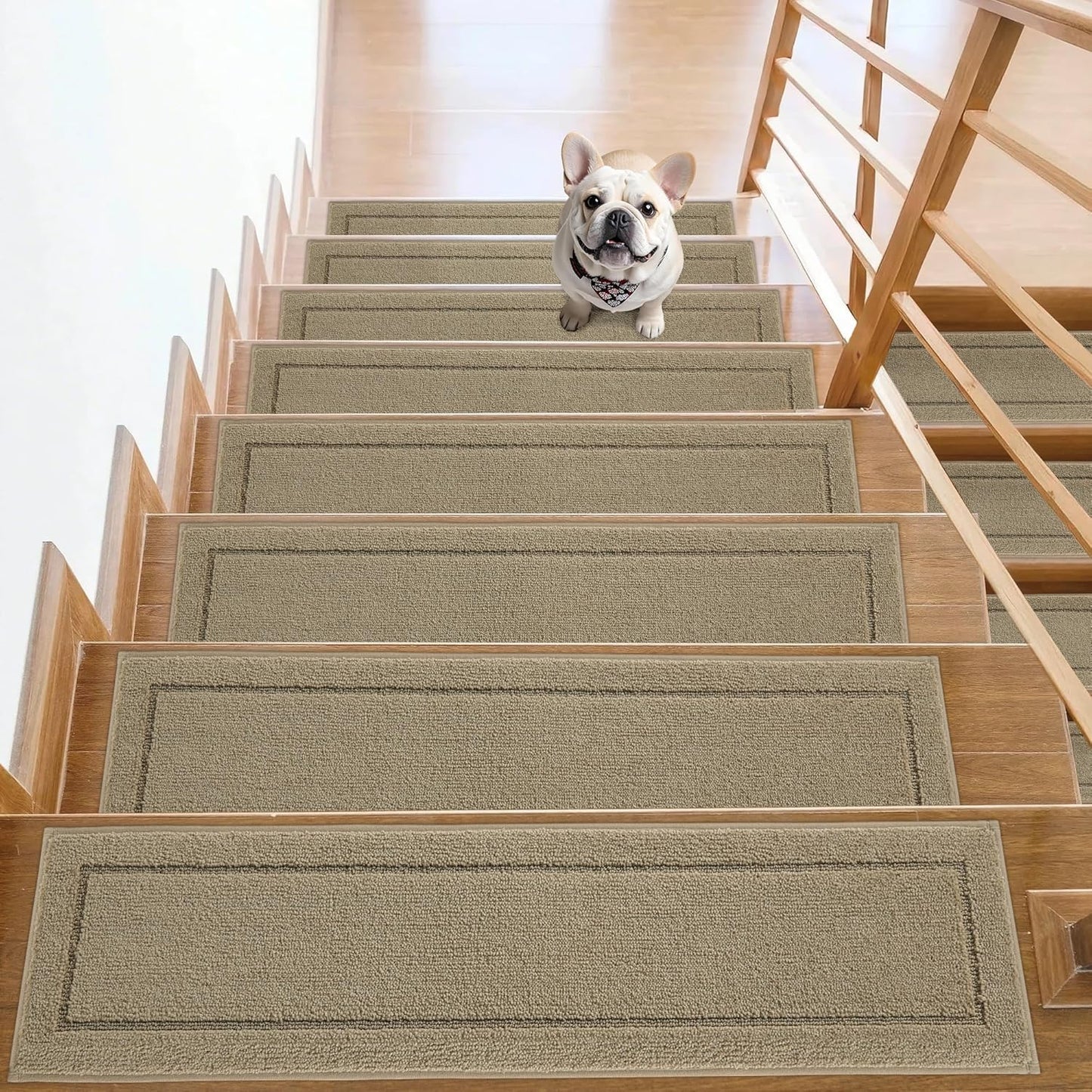 Non-Slip Stair Treads for Wooden Steps Indoor, 15 Pack 8" X 30" Edging Stair Rugs with TPE Backing, 0.4" Thick Carpet Stair Treads for Kids Elders & Pets, 100% Polyester Soft Stair Runners, Brown