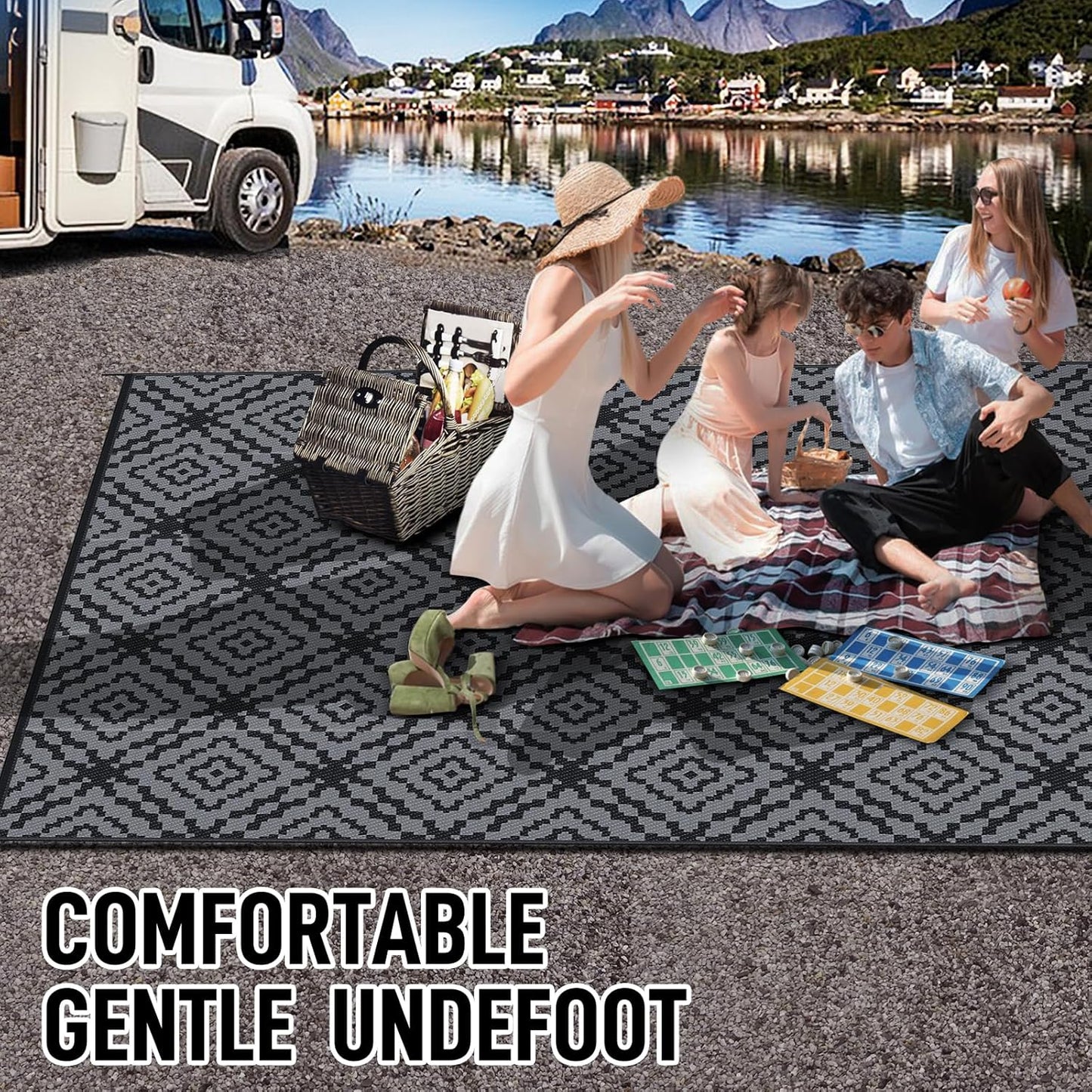 Outdoor Camping Rug Waterproof 9x18FT, Large Reversible Stain&UV Resistant Plastic Straw RV Rug for Outside Patio Pool Deck Beach Indoor, Area Carpet Mat with Portable Bag&4 Stakes-Black Grey Rhombus