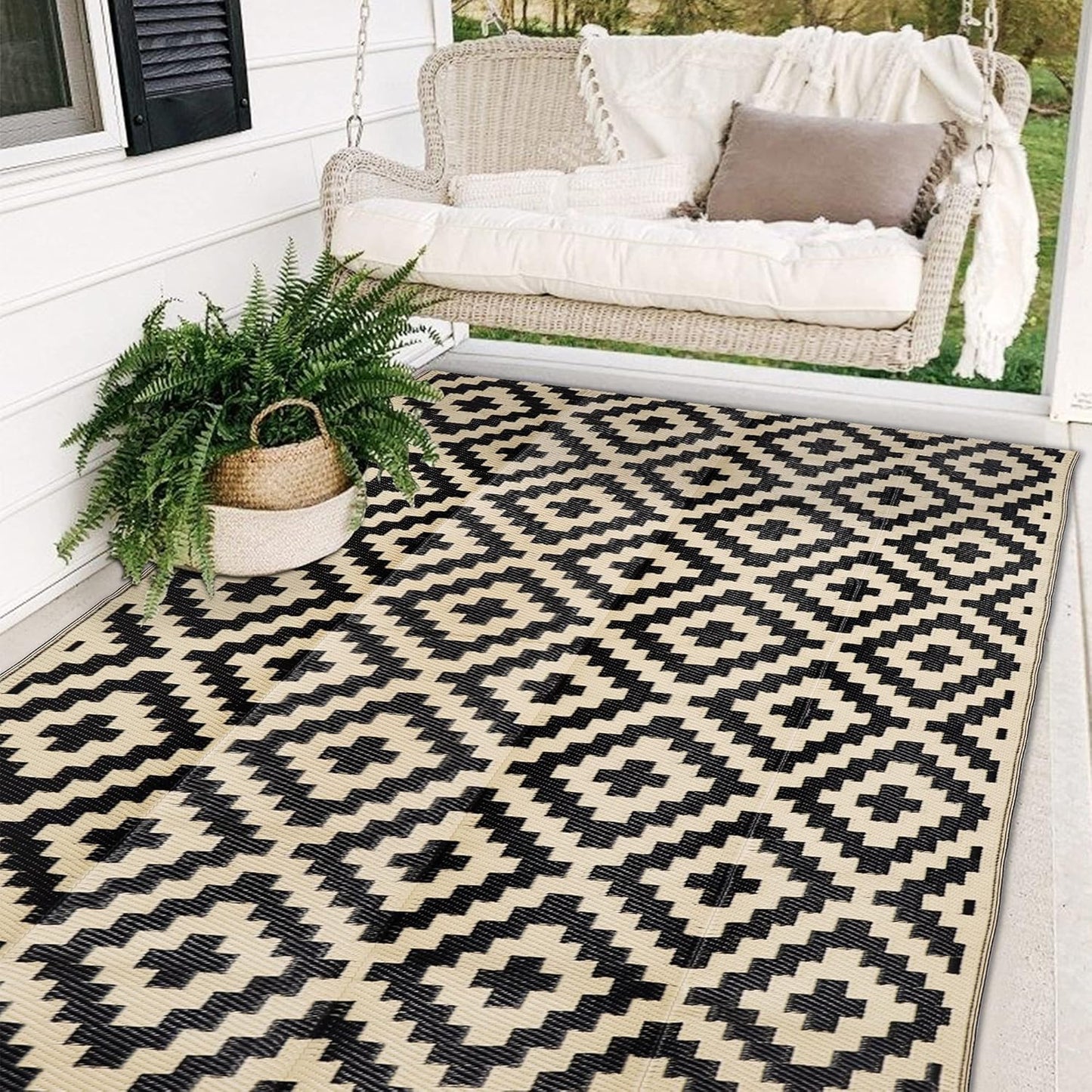 SAND MINE Waterproof Outdoor Rug 10x20 ft, Plastic Reversible Rug, Modern Area Rug, Large Floor Mat for Outdoors, RV, Patio, Backyard, Deck, Picnic, Beach, Camping, Black & Beige