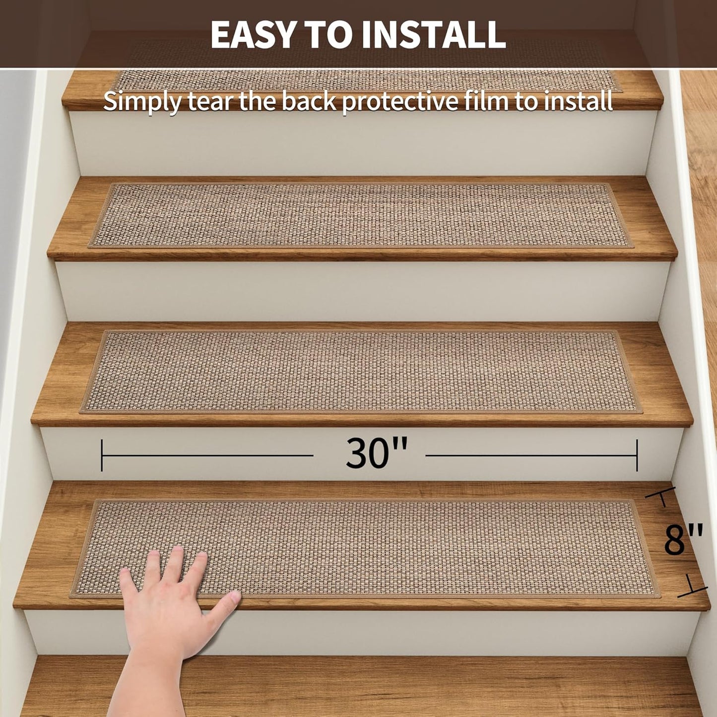 Linen Stair Treads for Wooden Steps Indoor 30x8 inch, 15pcs Upgraded Self Adhesive Backing Non Slip Stair Carpets, Peel and Stick Stair Runner Rugs, Reusable Staircase Step Treads(Beige)