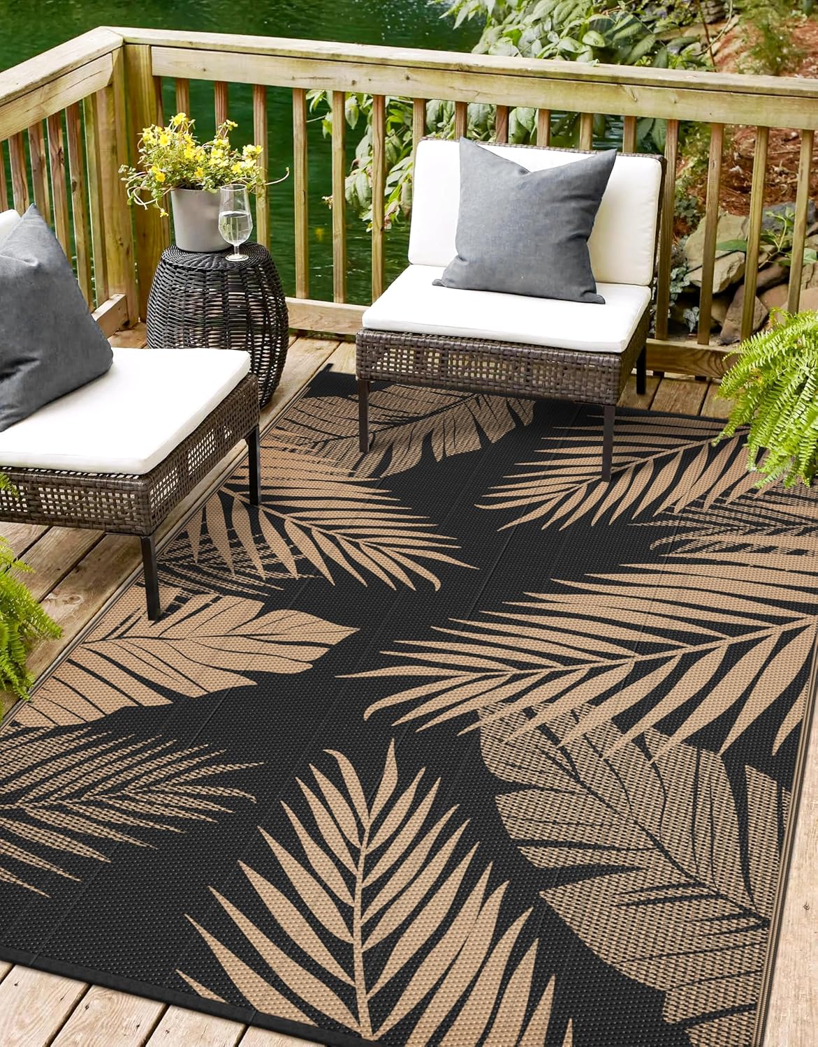 Outdoor Rug 10’x14’ Waterproof for Patio Clearance, Reversible Indoor Outdoor Plastic Straw Camping Rug Carpet, RV Mat, Large Area Rug for Deck, Backyard, Balcony, Porch, Beach, Black & Brown