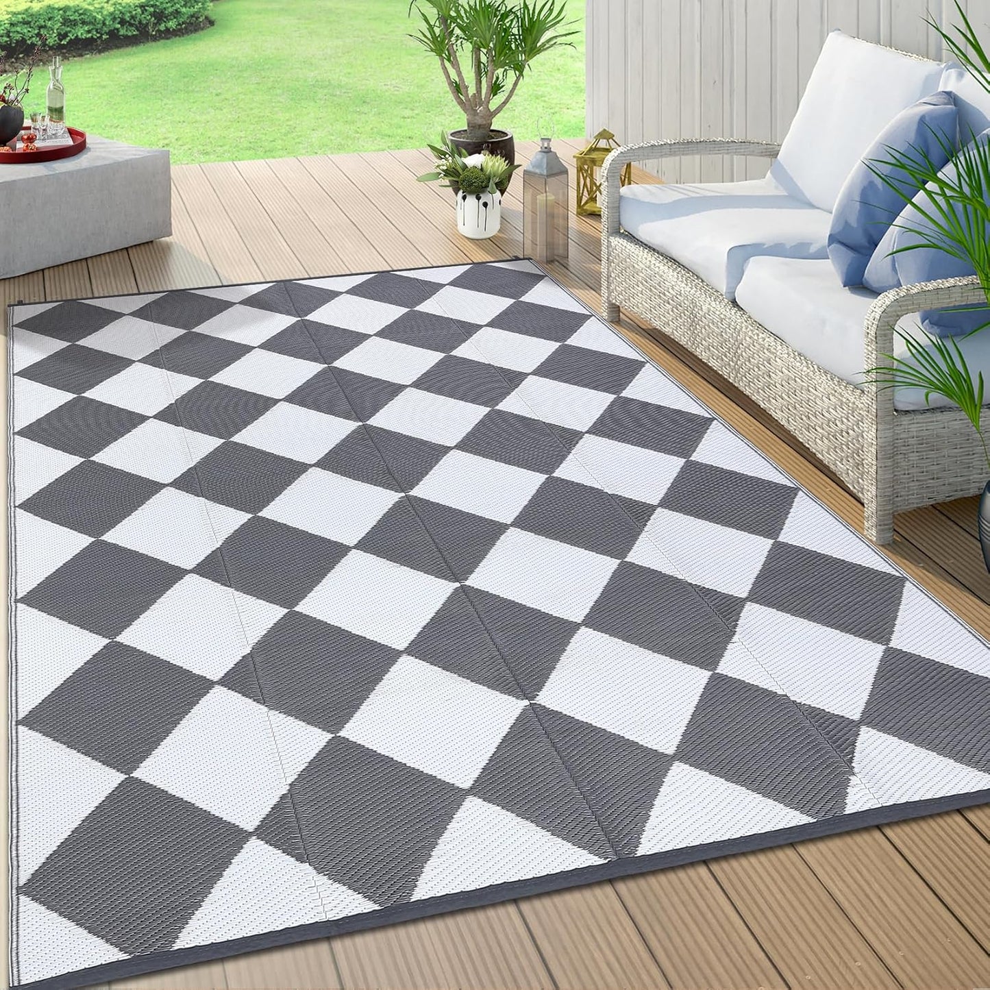 Garvee Outdoor Rug 10'x20' for Patios Clearance, Reversible Outdoor Plastic Straw Waterproof Camping Carpet, Large Area Rugs Patio Mats for Outside RV, Camper, Deck, Porch, Beach, Picnic (Black/Grey)
