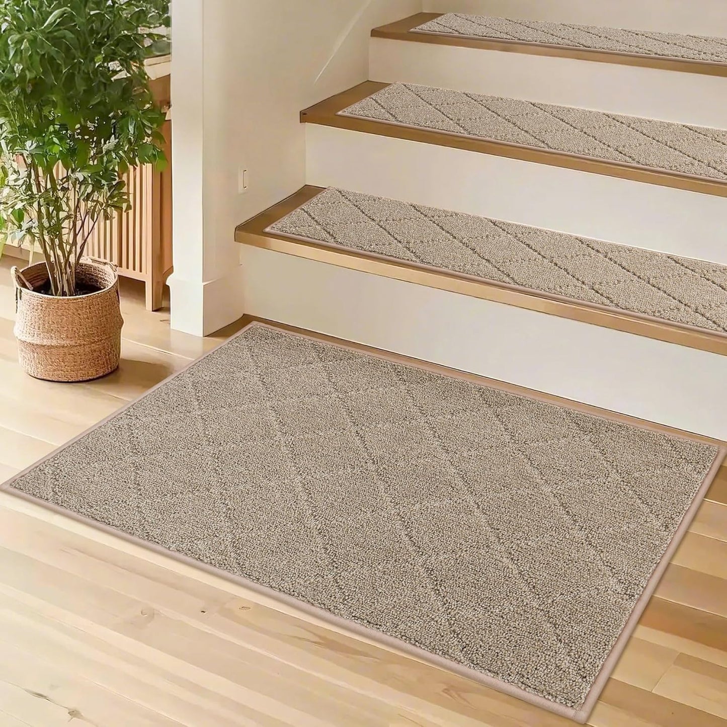 COSY HOMEER Edging Stair Treads Non-Slip Carpet Mat 28inX9in Indoor Stair Runners for Wooden Steps, Edging Stair Rugs for Kids and Dogs, 100% Polyester TPE Backing (15pc, Beige)