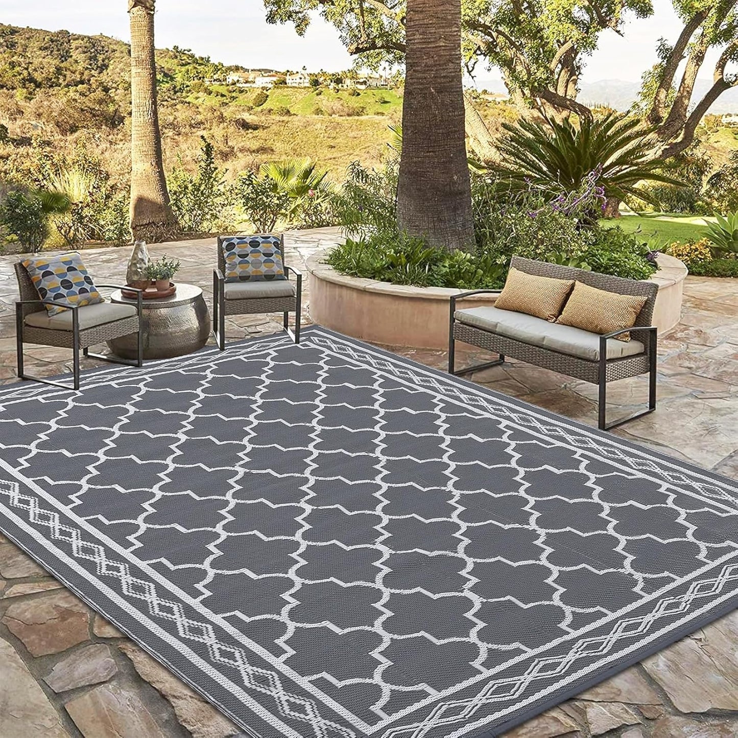 Garvee Outdoor Rug 10'x20' for Patios Clearance, Reversible Outdoor Plastic Straw Waterproof Camping Carpet, Large Area Rugs Patio Mats for Outside RV, Camper, Deck, Porch, Beach, Picnic (Black/Grey)