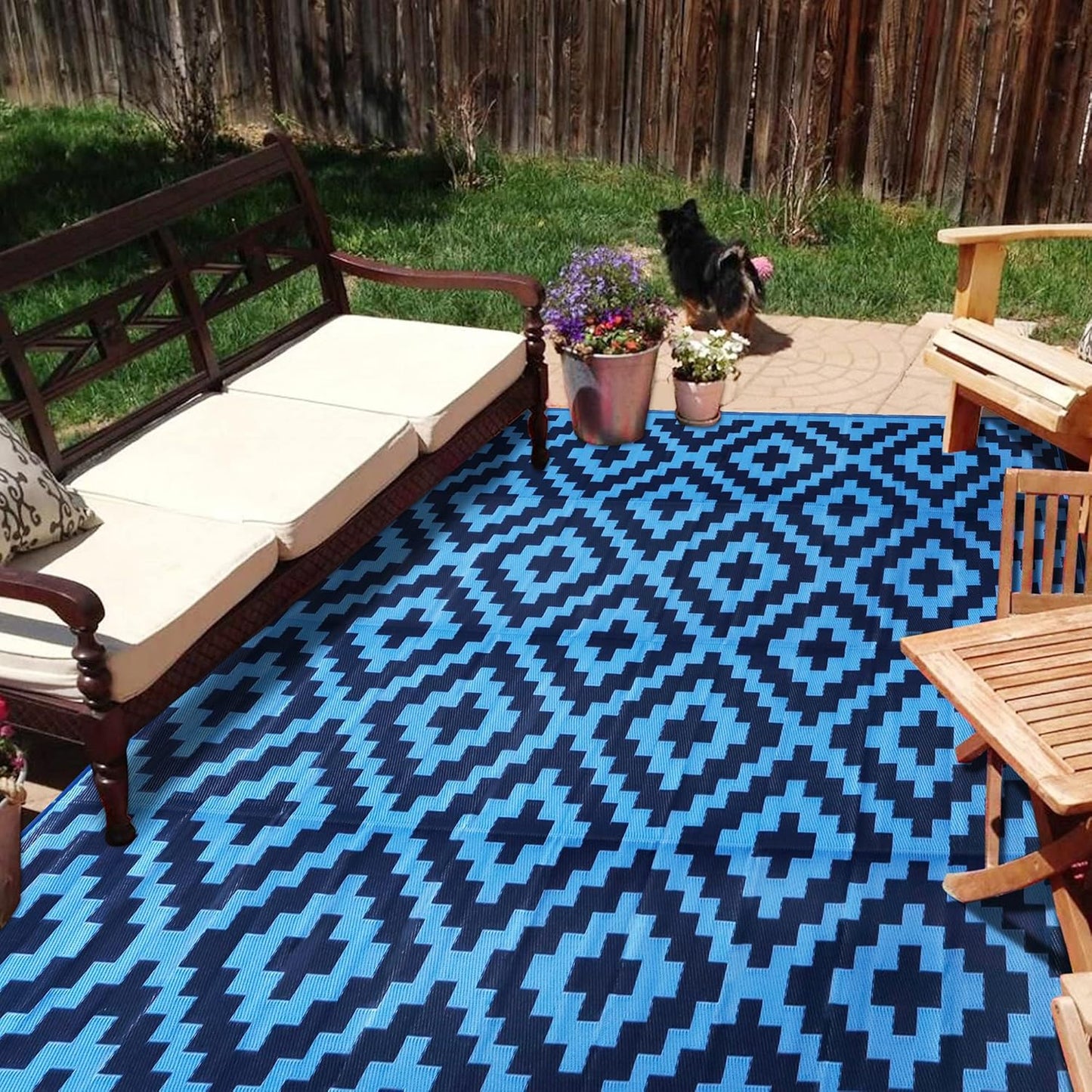 SAND MINE Waterproof Outdoor Rug 10x20 ft, Plastic Reversible Rug, Modern Area Rug, Large Floor Mat for Outdoors, RV, Patio, Backyard, Deck, Picnic, Beach, Camping, Black & Beige