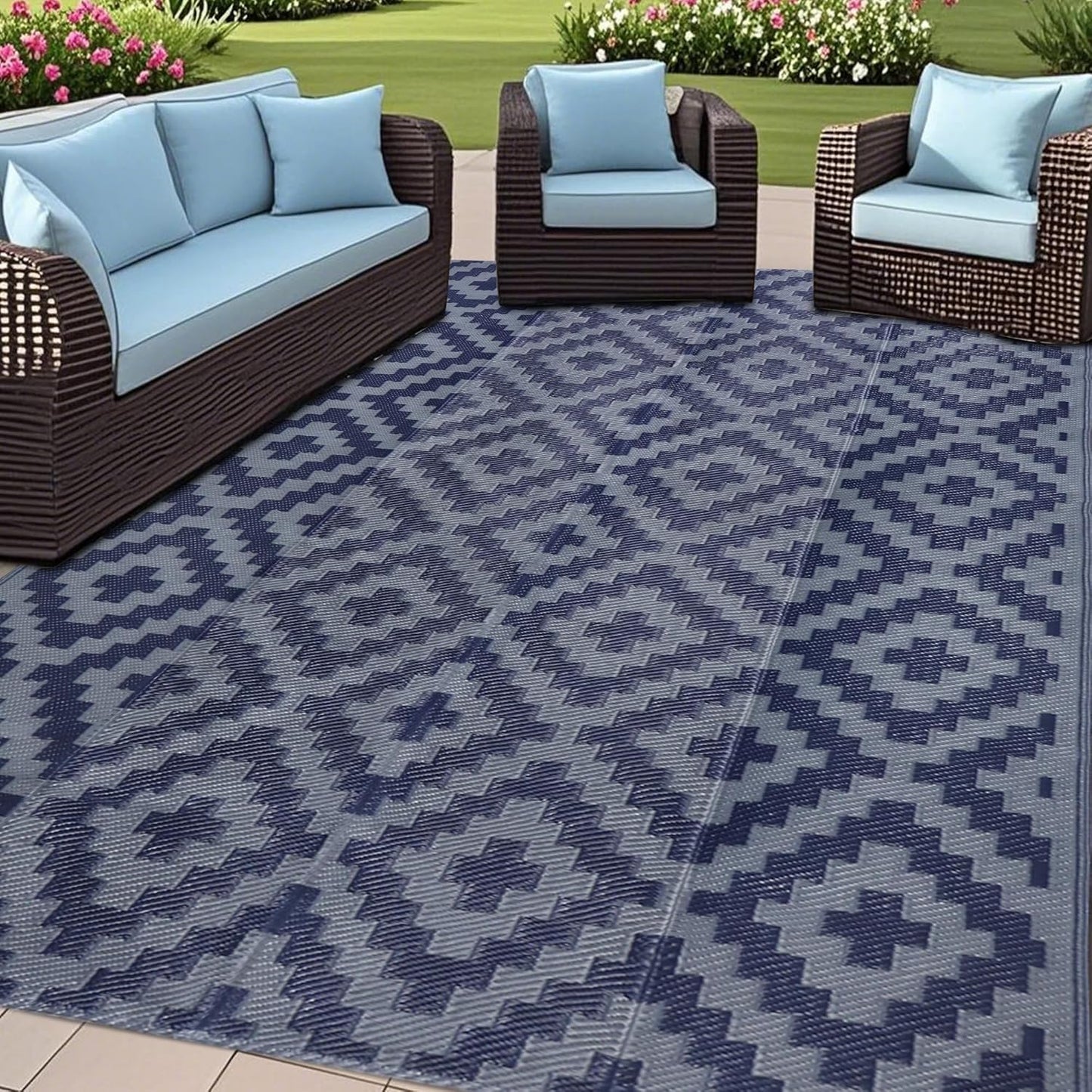 SAND MINE Waterproof Outdoor Rug 10x20 ft, Plastic Reversible Rug, Modern Area Rug, Large Floor Mat for Outdoors, RV, Patio, Backyard, Deck, Picnic, Beach, Camping, Black & Beige