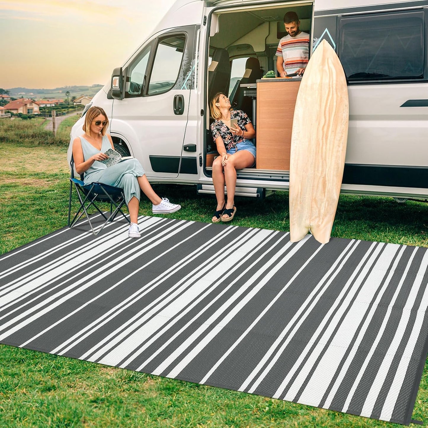 Garvee Outdoor Rug 10'x20' for Patios Clearance, Reversible Outdoor Plastic Straw Waterproof Camping Carpet, Large Area Rugs Patio Mats for Outside RV, Camper, Deck, Porch, Beach, Picnic (Black/Grey)