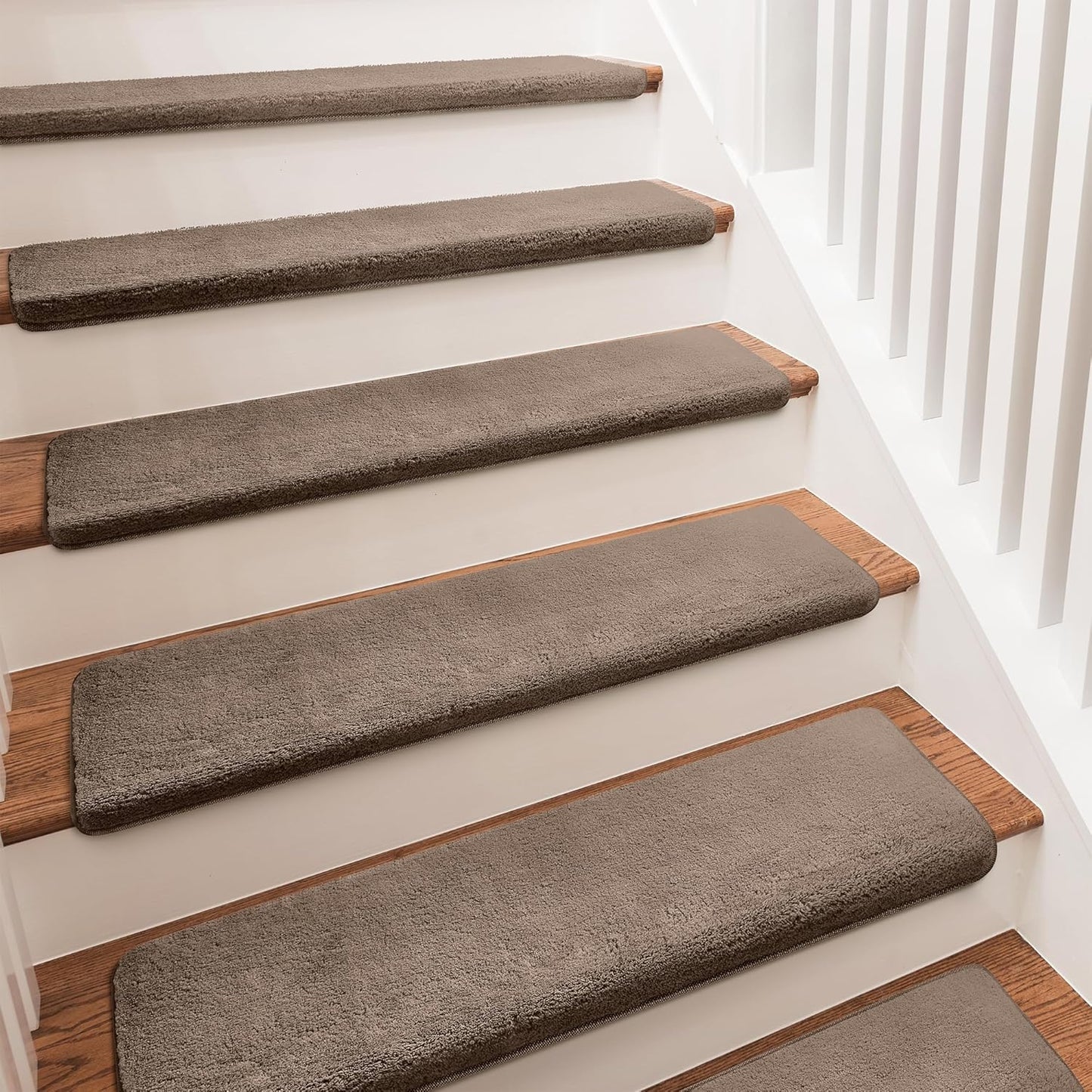 PURE ERA Carpet Stair Treads Ultra Plush 9.5" X 30"Soft Bullnose Indoor Stair Protectors Pet-Friendly Non-Slip Skid Resistant Tape Free Washable Reusable(14 Pieces, Cream Gray)