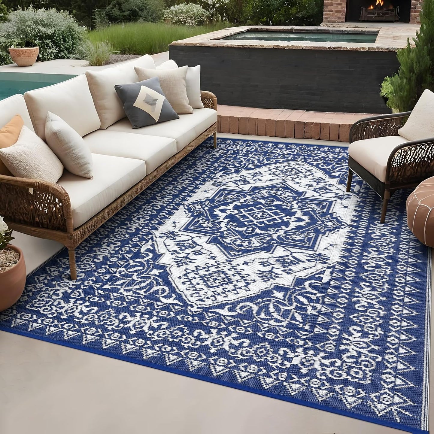 GAOMON Extra Large Outdoor Rug 10x20 Waterproof Plastic Straw Rug Reversible Leaves Patio Carpet, Foldable Portable Picnic Camping Mat with Bag & Stakes, Outside Carpet for Balcony Garden Yard, Blue