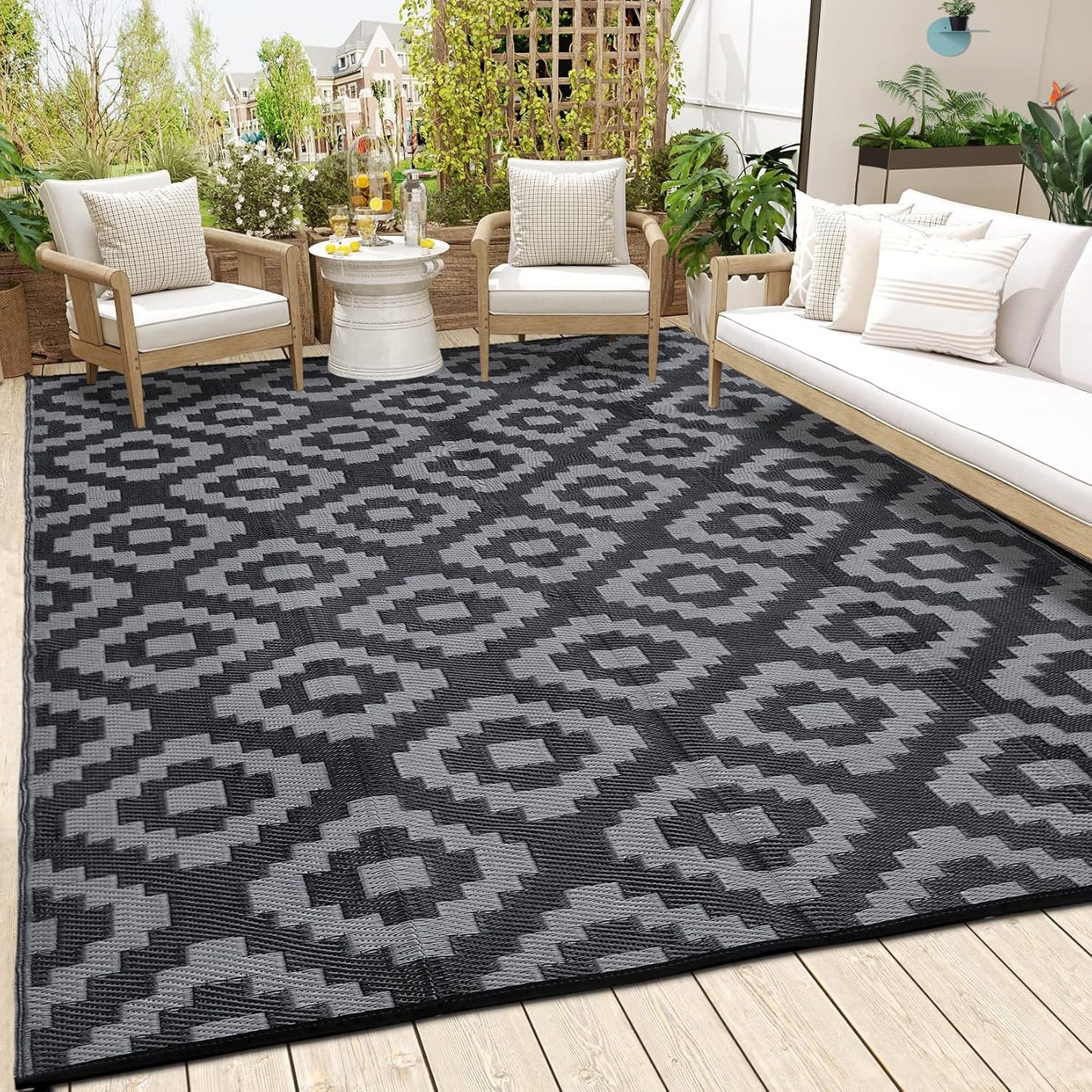 Garvee Outdoor Rug 10'x20' for Patios Clearance, Reversible Outdoor Plastic Straw Waterproof Camping Carpet, Large Area Rugs Patio Mats for Outside RV, Camper, Deck, Porch, Beach, Picnic (Black/Grey)