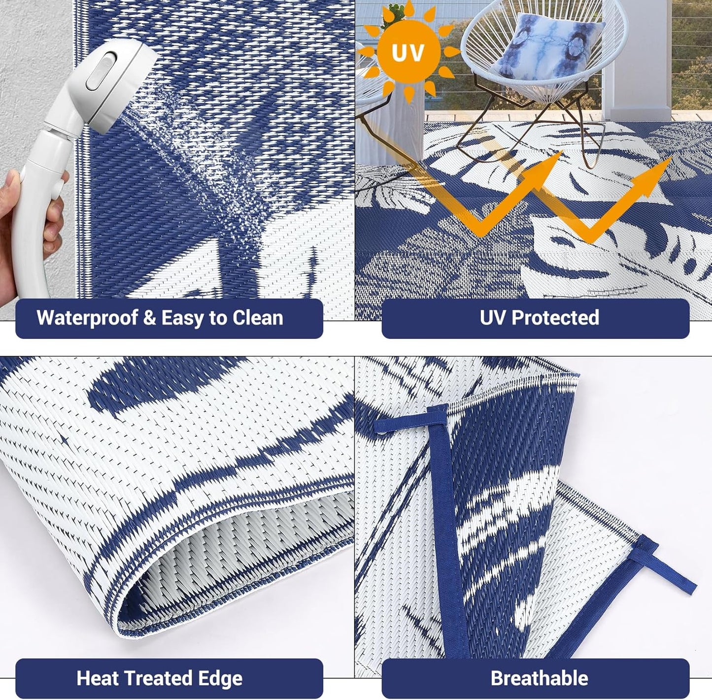 GAOMON Extra Large Outdoor Rug 10x20 Waterproof Plastic Straw Rug Reversible Leaves Patio Carpet, Foldable Portable Picnic Camping Mat with Bag & Stakes, Outside Carpet for Balcony Garden Yard, Blue