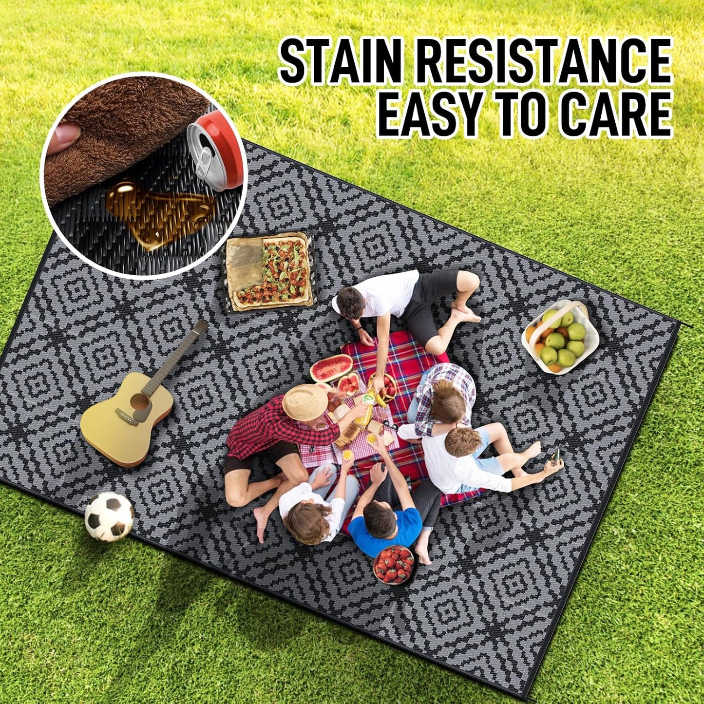 Outdoor Camping Rug Waterproof 9x18FT, Large Reversible Stain&UV Resistant Plastic Straw RV Rug for Outside Patio Pool Deck Beach Indoor, Area Carpet Mat with Portable Bag&4 Stakes-Black Grey Rhombus