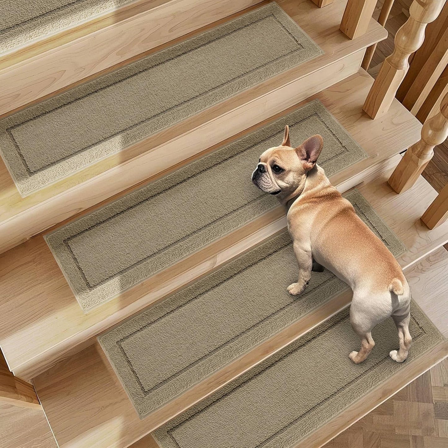 Non-Slip Stair Treads for Wooden Steps Indoor, 15 Pack 8" X 30" Edging Stair Rugs with TPE Backing, 0.4" Thick Carpet Stair Treads for Kids Elders & Pets, 100% Polyester Soft Stair Runners, Brown