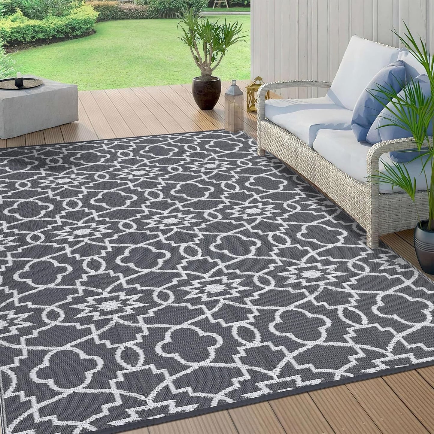 Garvee Outdoor Rug 10'x20' for Patios Clearance, Reversible Outdoor Plastic Straw Waterproof Camping Carpet, Large Area Rugs Patio Mats for Outside RV, Camper, Deck, Porch, Beach, Picnic (Black/Grey)